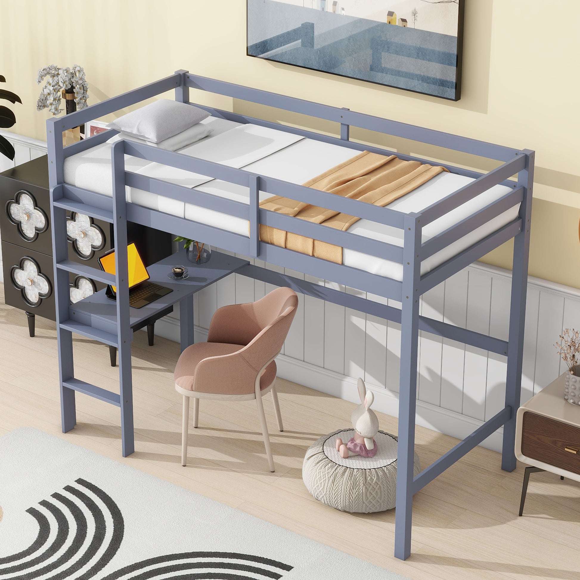 Blue twin loft bed with integrated desk and ladder