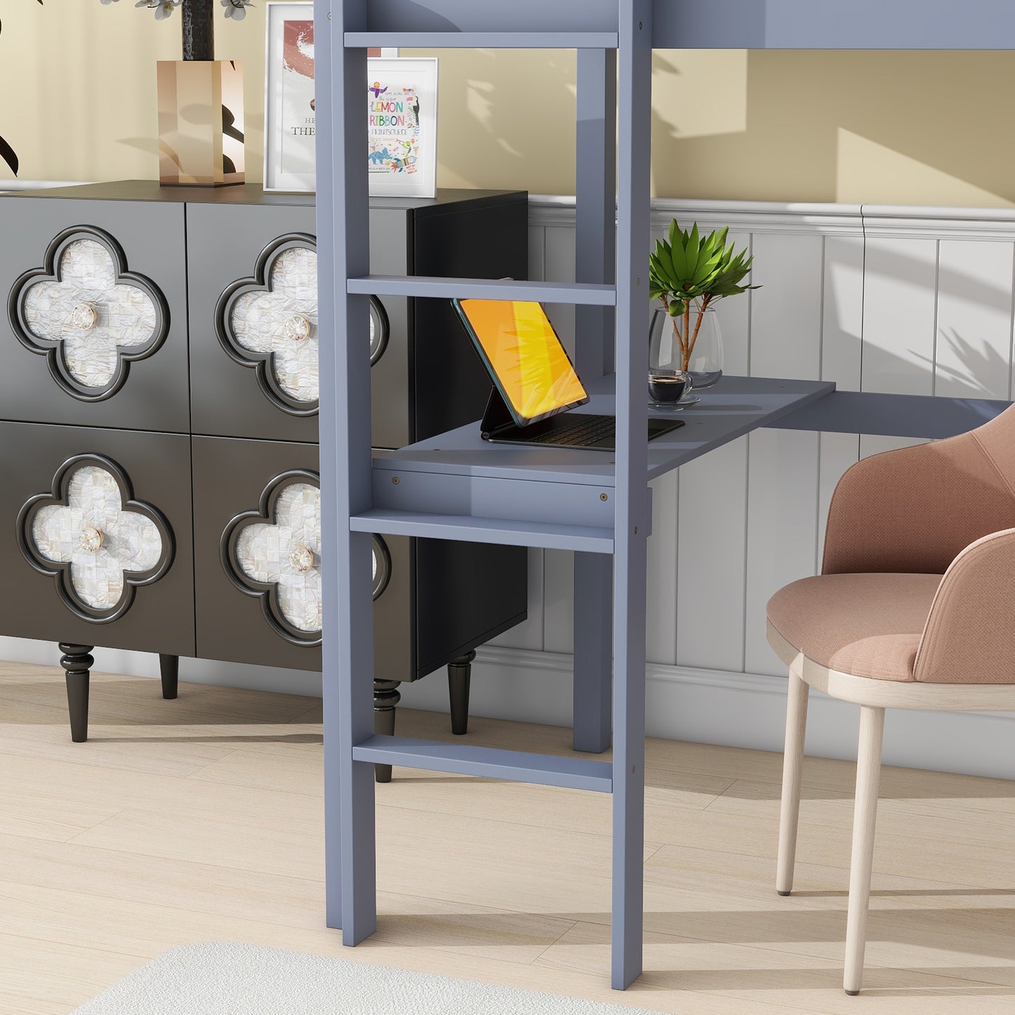 Gray loft bed desk with integrated tablet stand