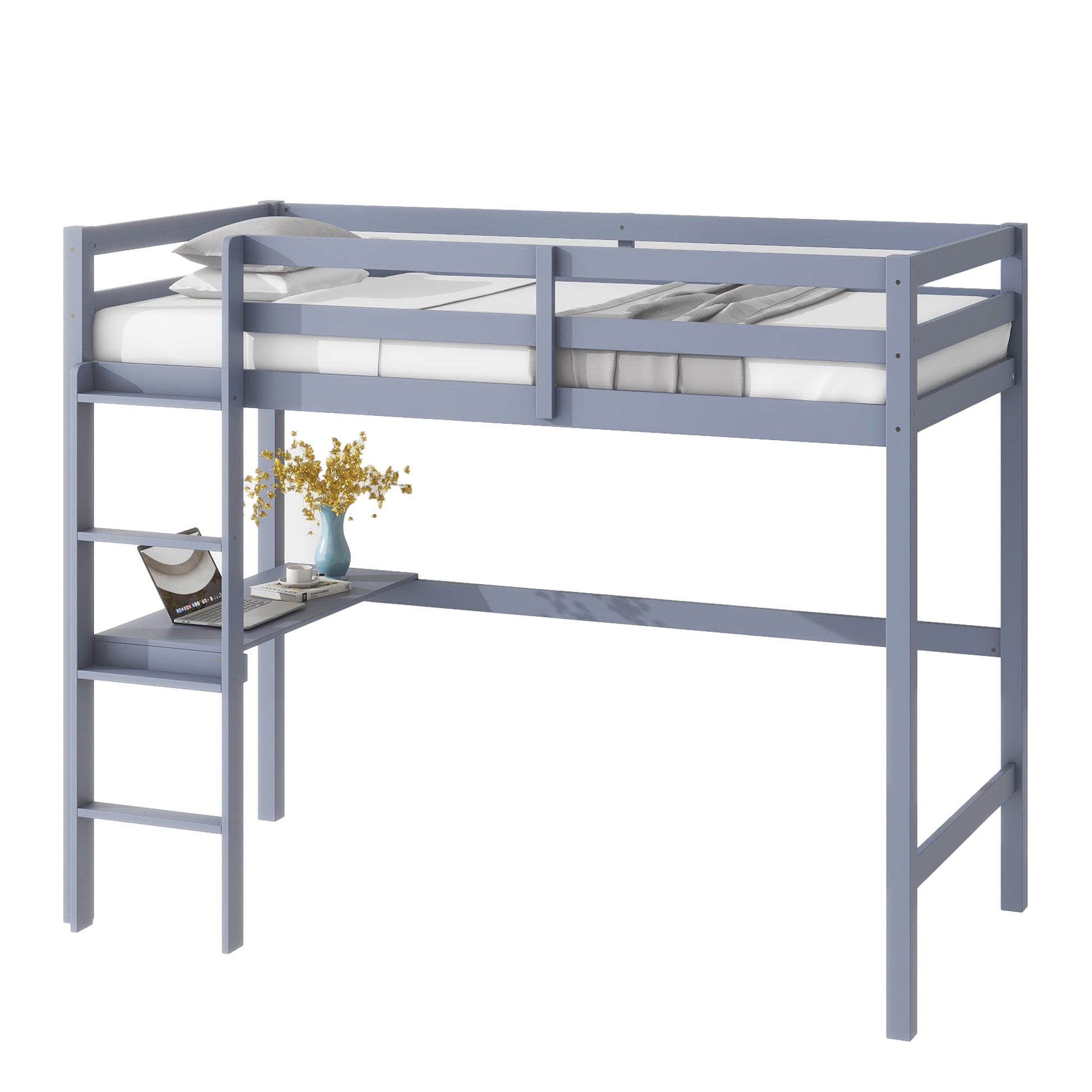 Gray loft bed with integrated desk and ladder