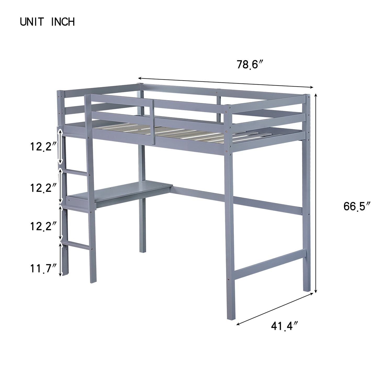 Gray metal loft bed with integrated desk