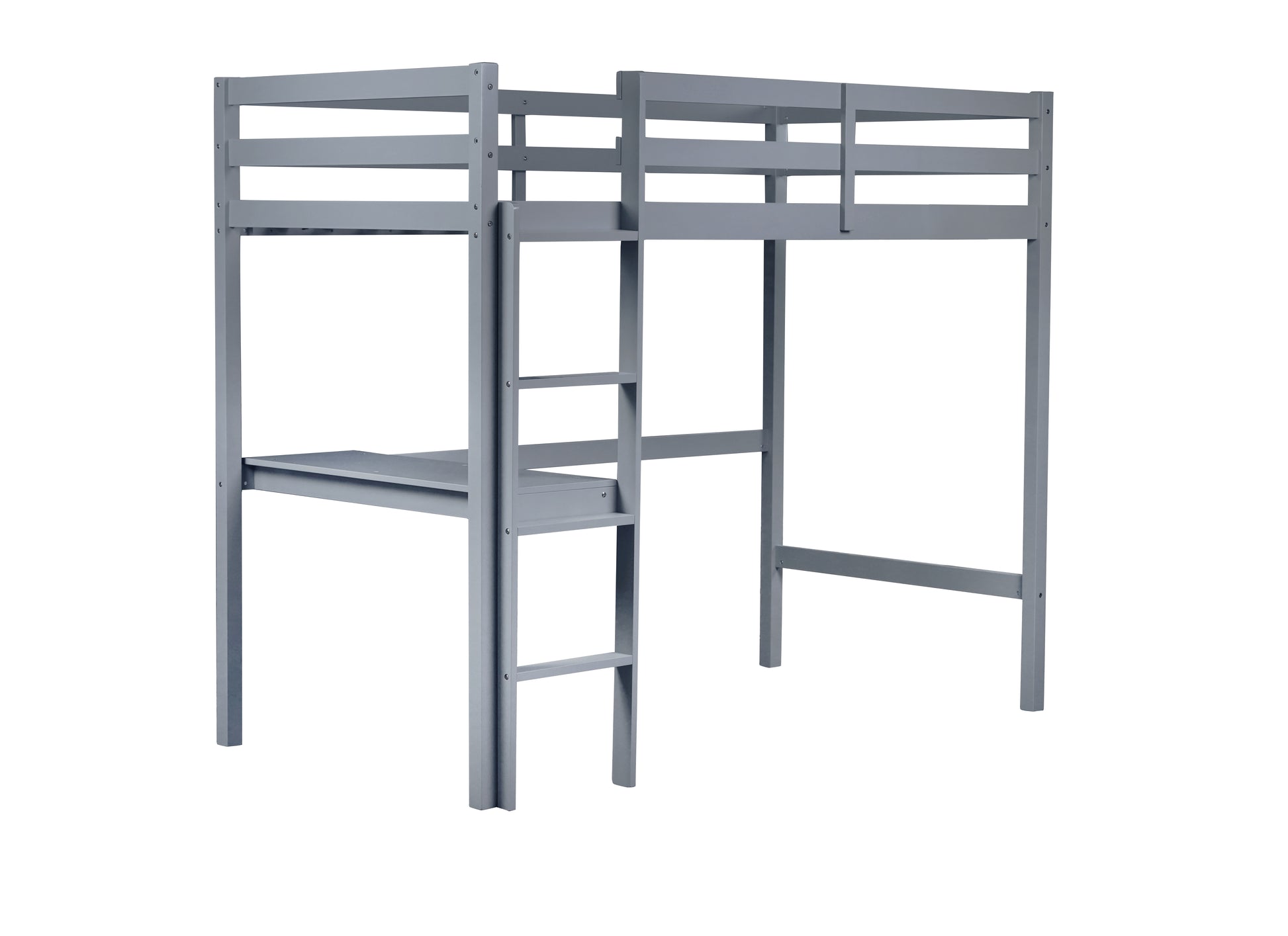 Gray wooden loft bed with integrated desk and ladder