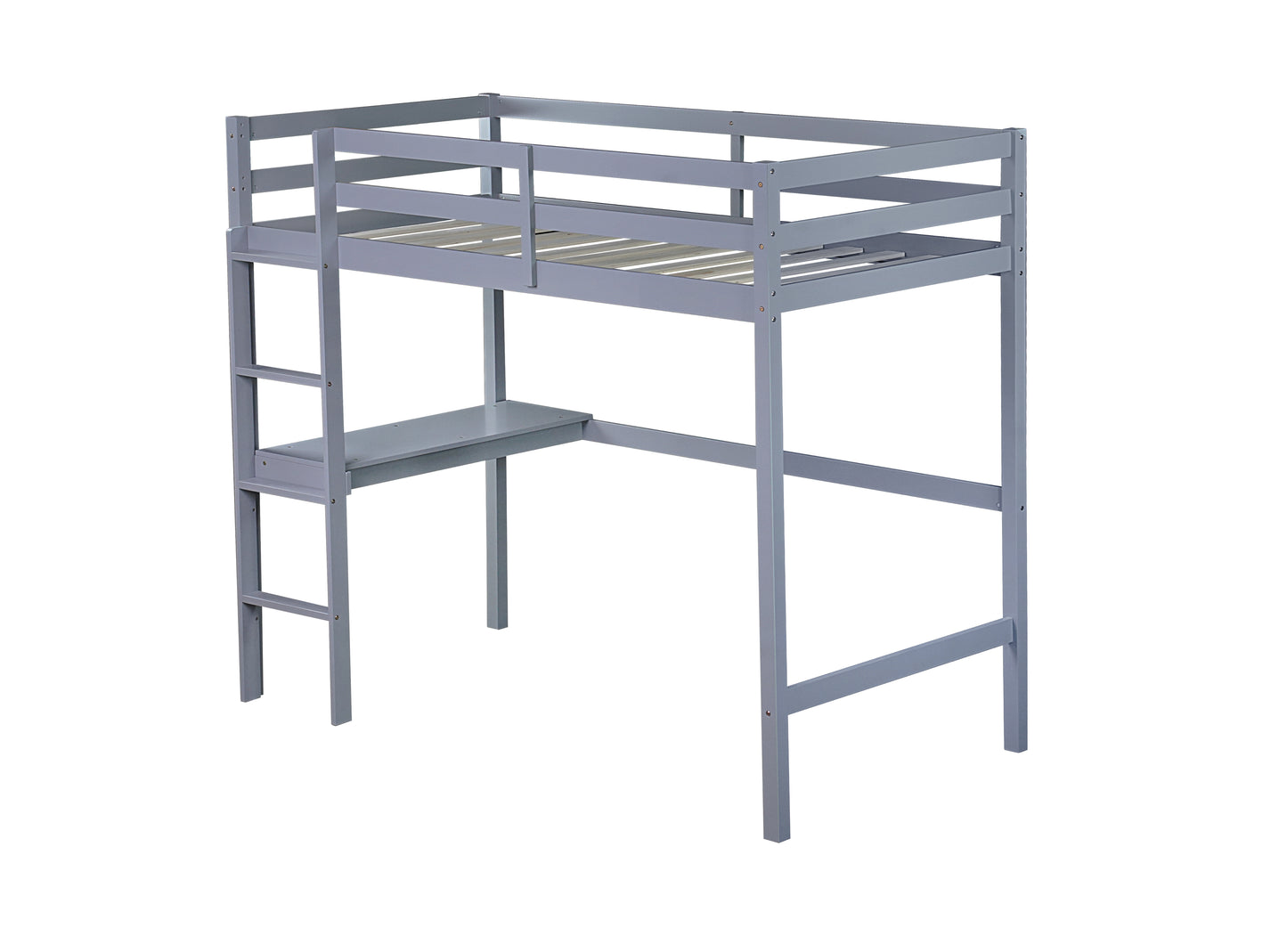 Gray wooden loft bed with integrated desk and ladder for kids