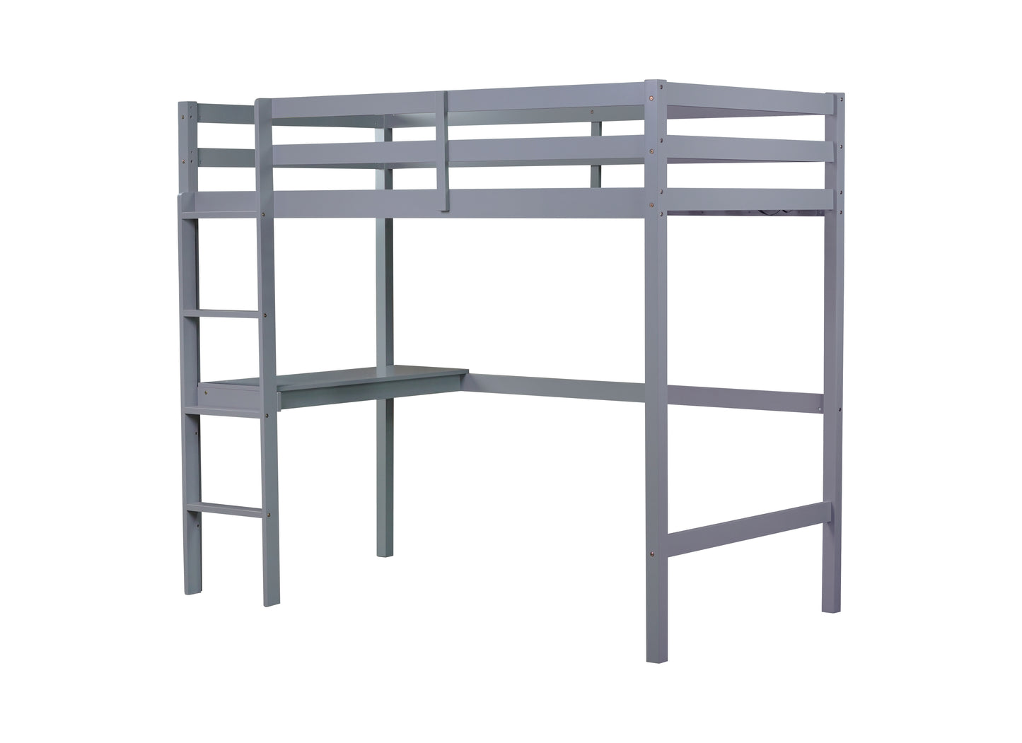 Gray wooden loft bed with integrated desk and ladder