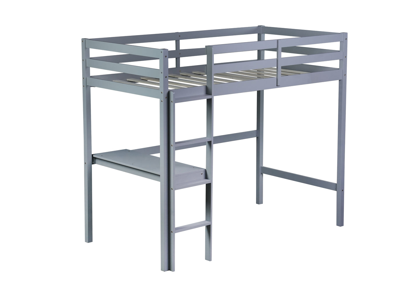 Gray wooden loft bed with integrated desk and ladder