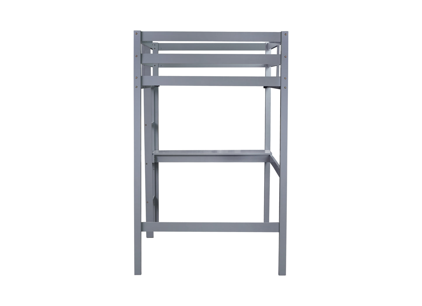 Gray wooden loft bed frame with two shelves