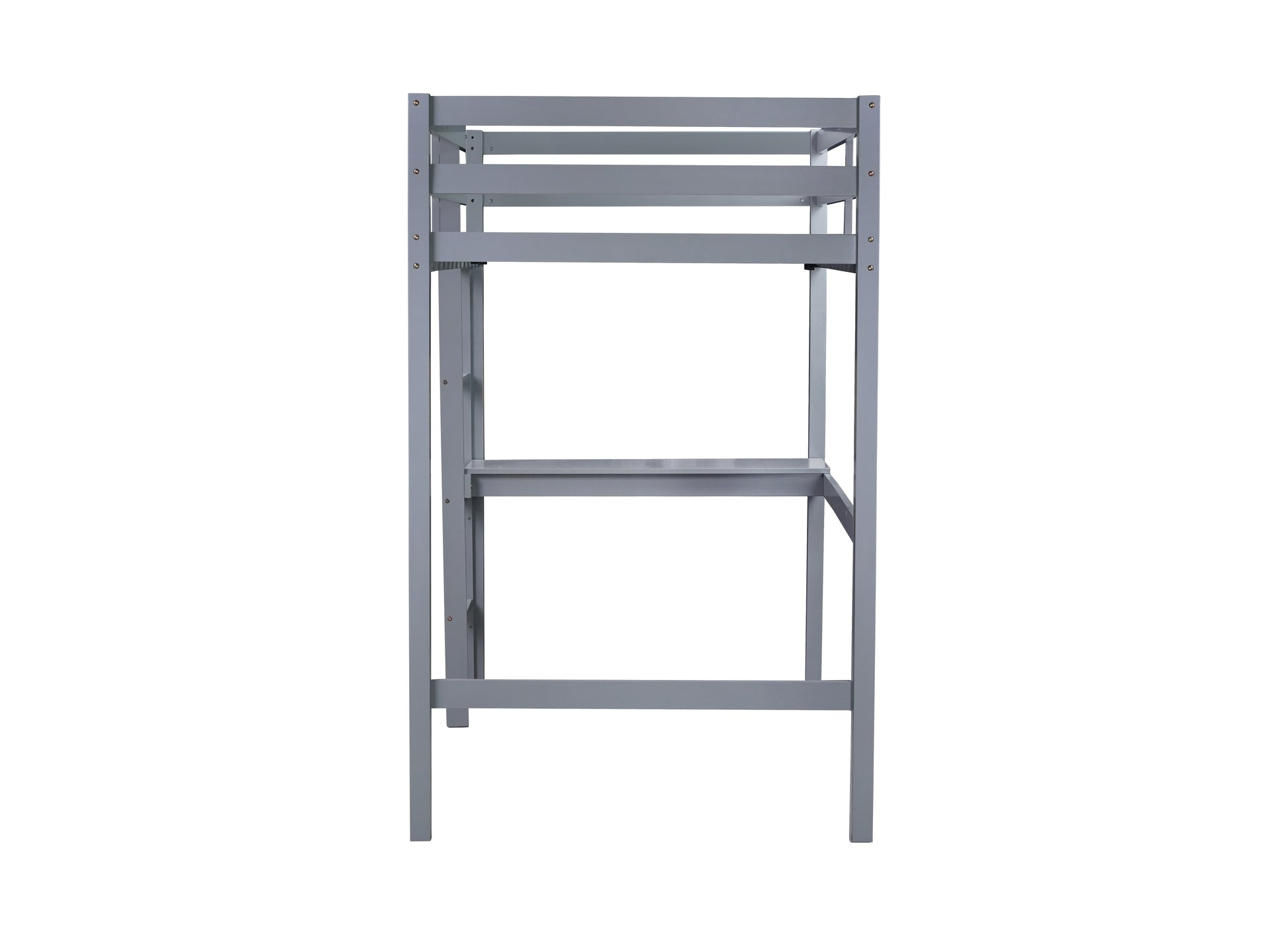 Gray wooden loft bed frame with two shelves