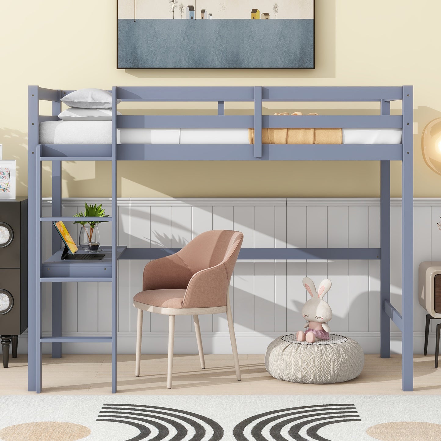 Blue twin loft bed with desk and shelving
