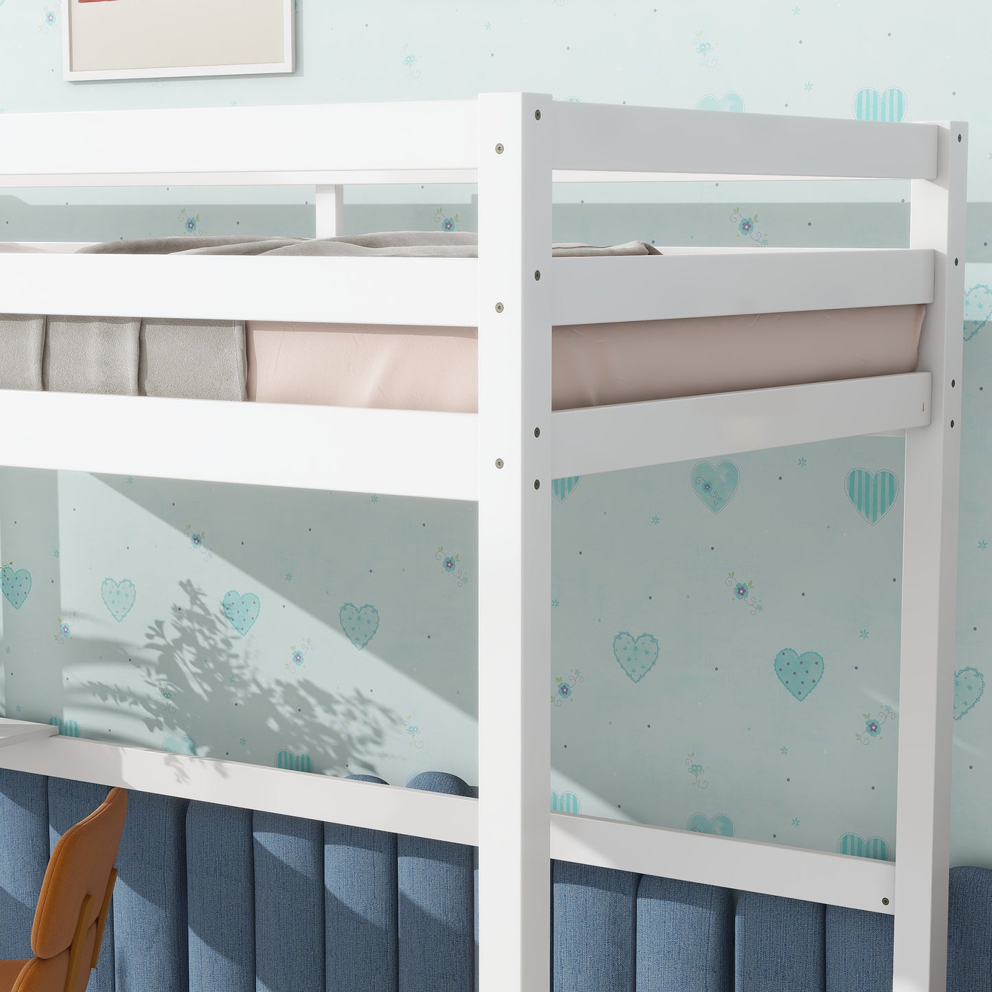 White wooden bunk bed frame with pastel bedding