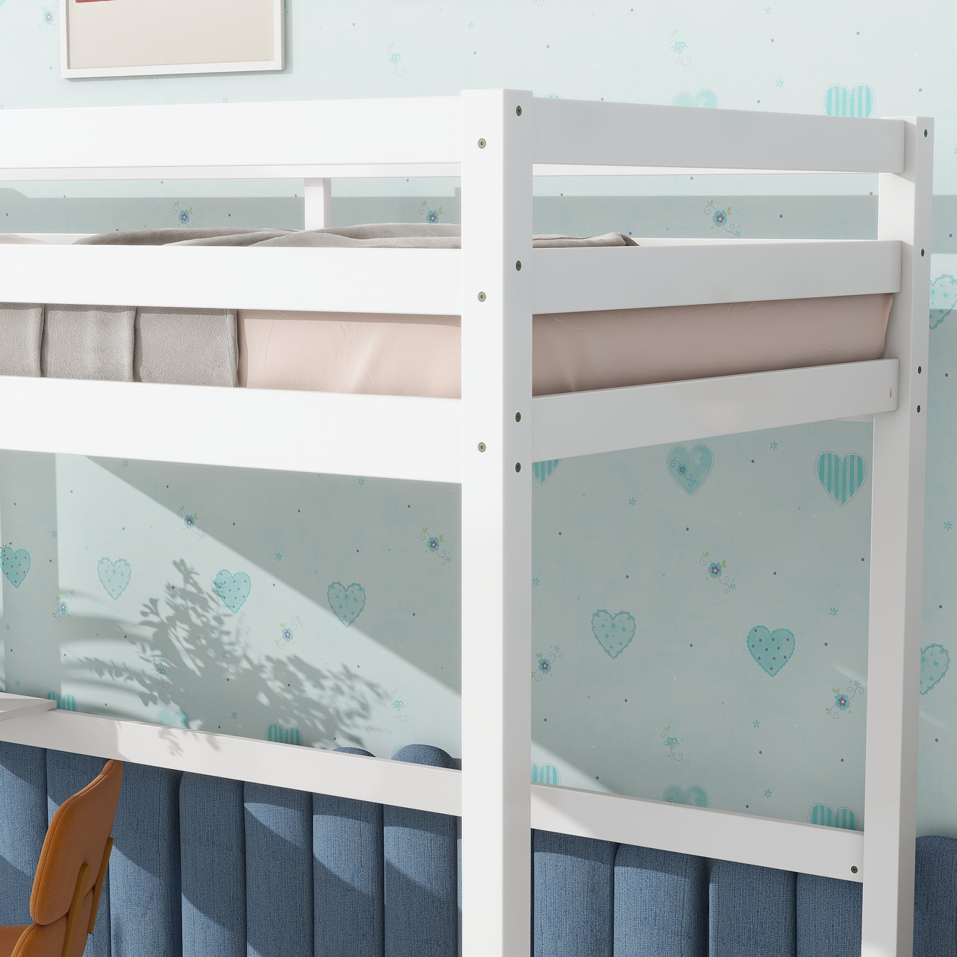 White wooden bunk bed frame with pastel bedding