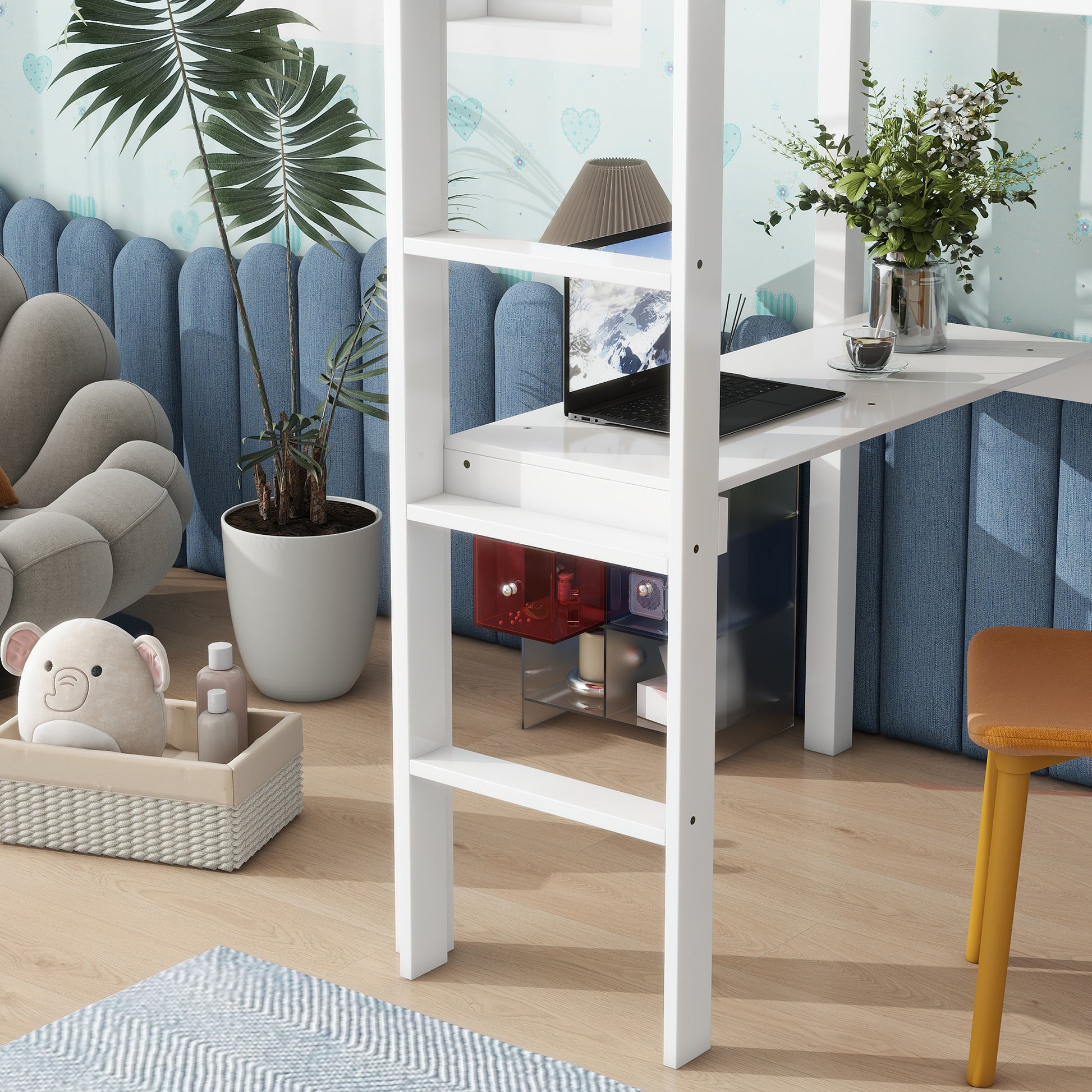 White loft bed frame with integrated desk and storage