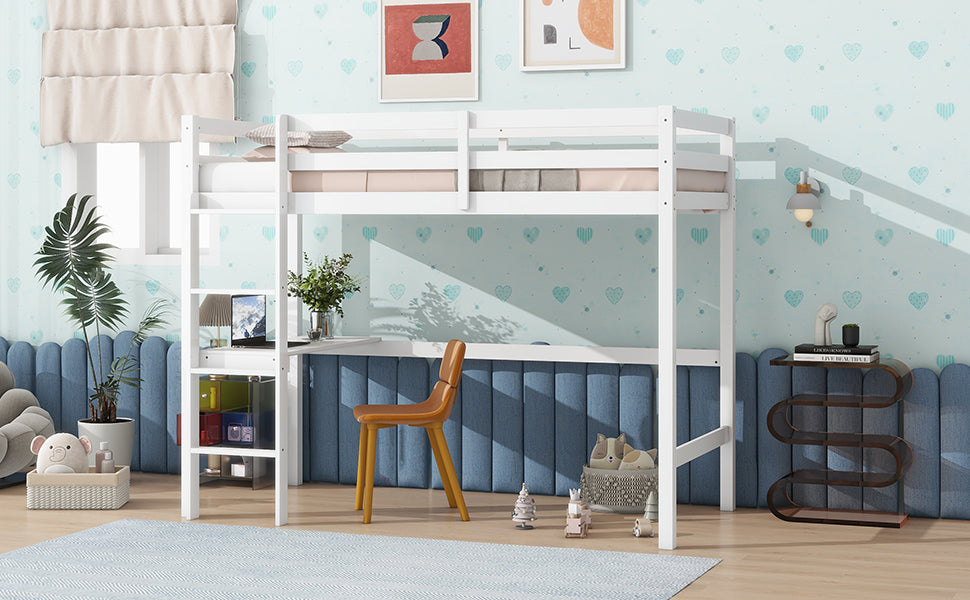 White wooden loft bed with builtin desk and storage shelves for kids