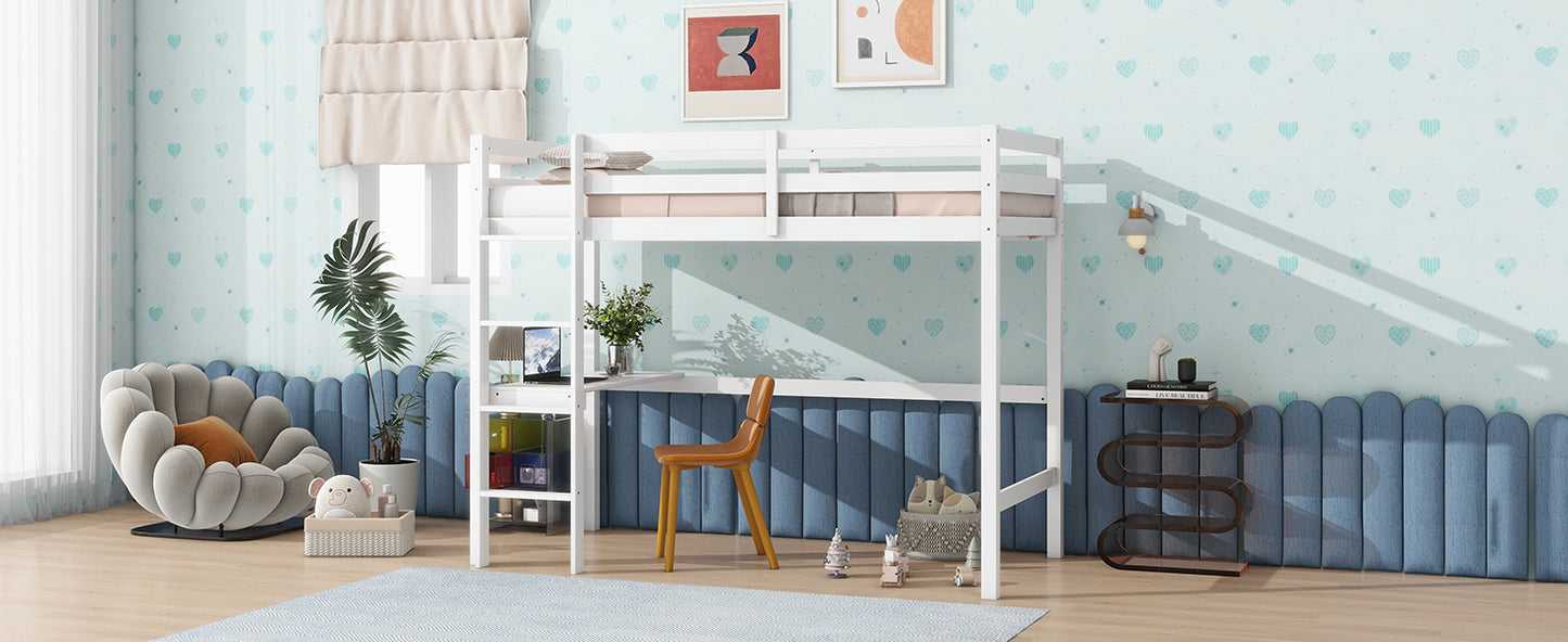 White wooden loft bed with integrated desk and shelving unit for kids room