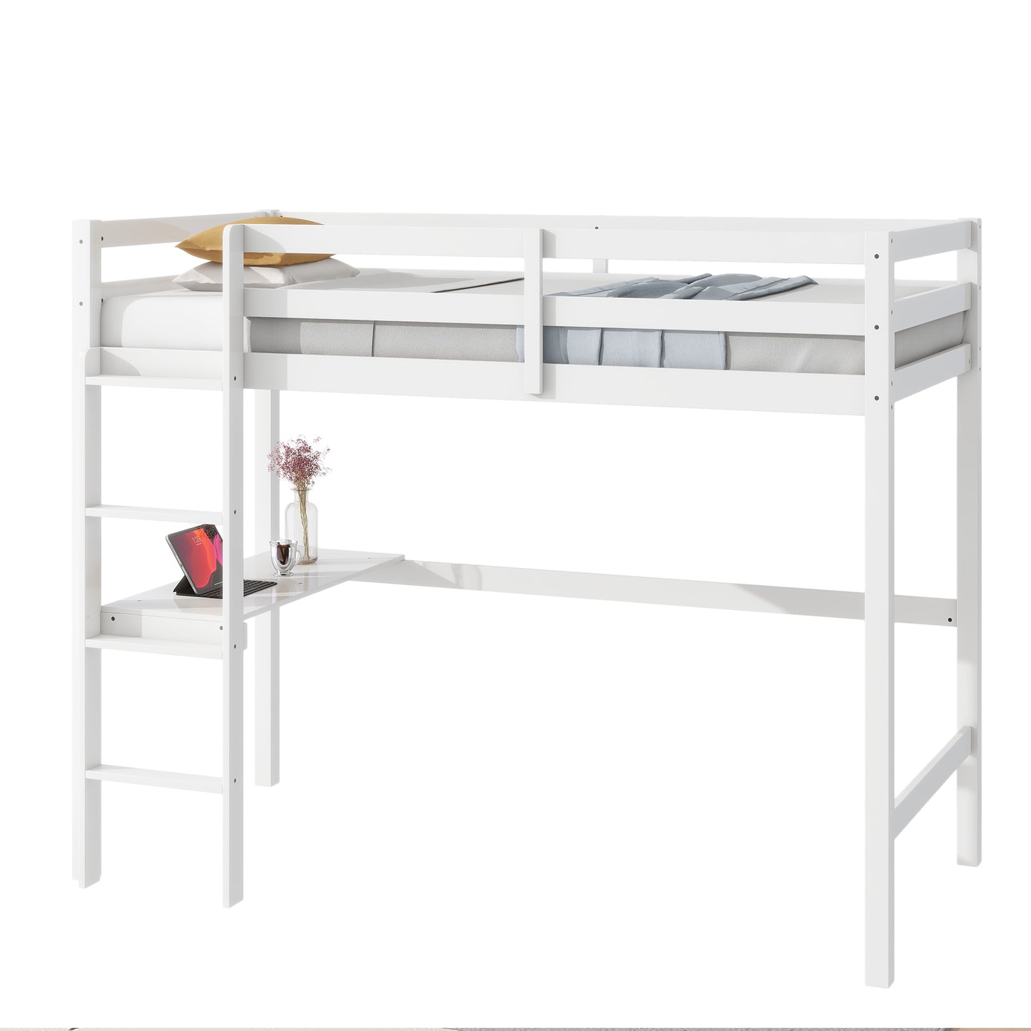 White wooden loft bed with integrated desk and ladder