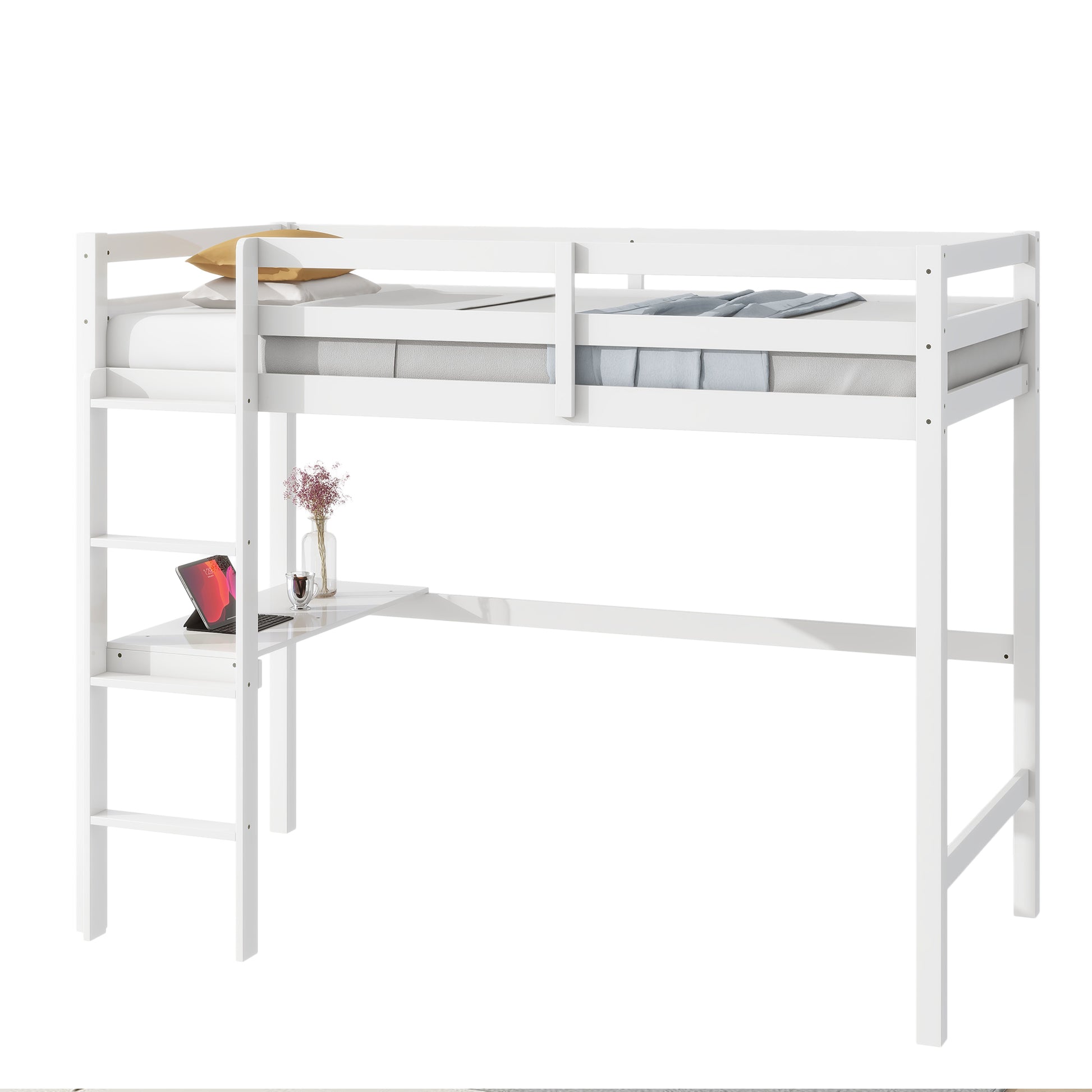 White wooden loft bed with integrated desk and ladder