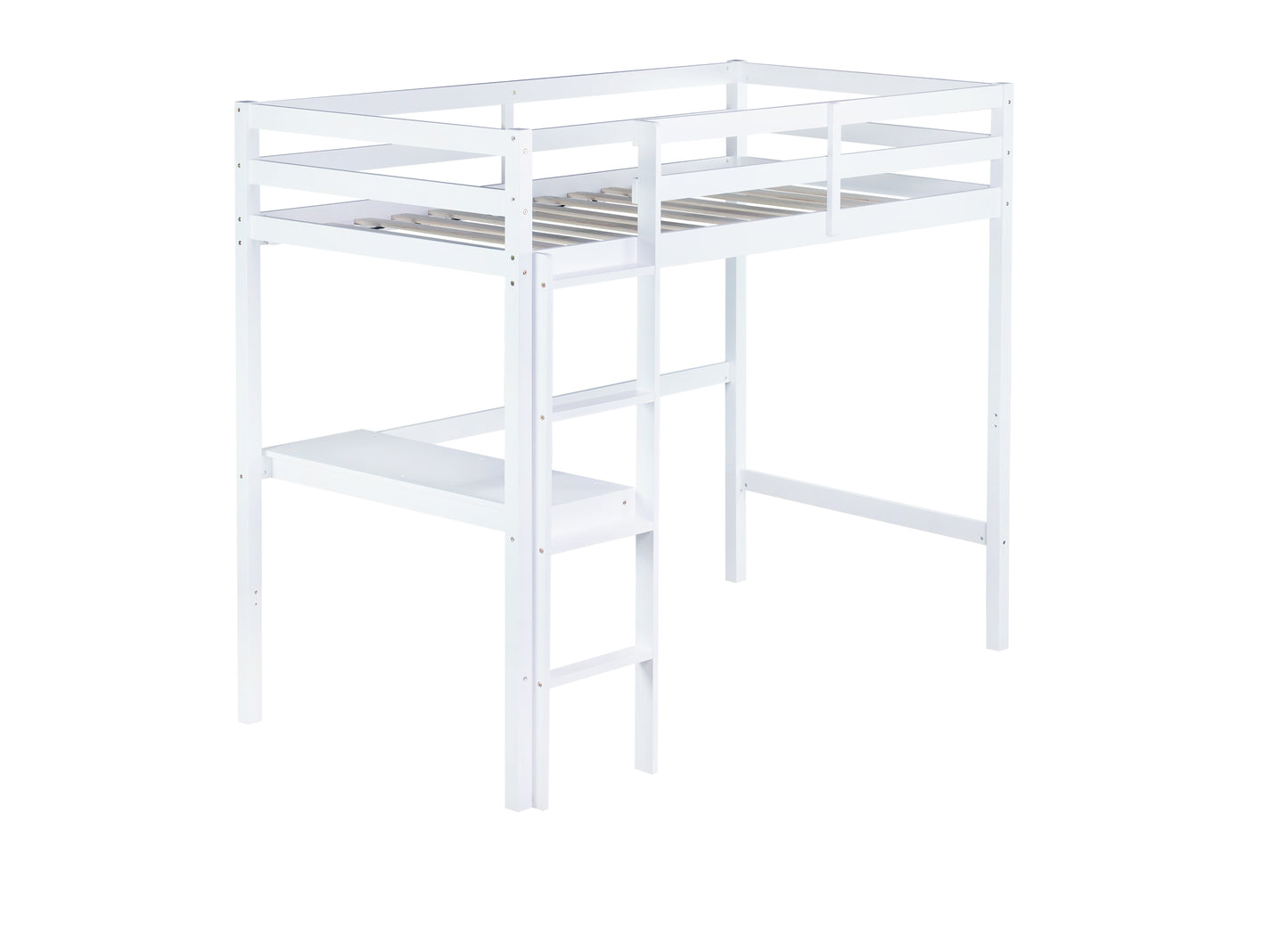 White wooden loft bed with integrated desk and ladder for childrens room