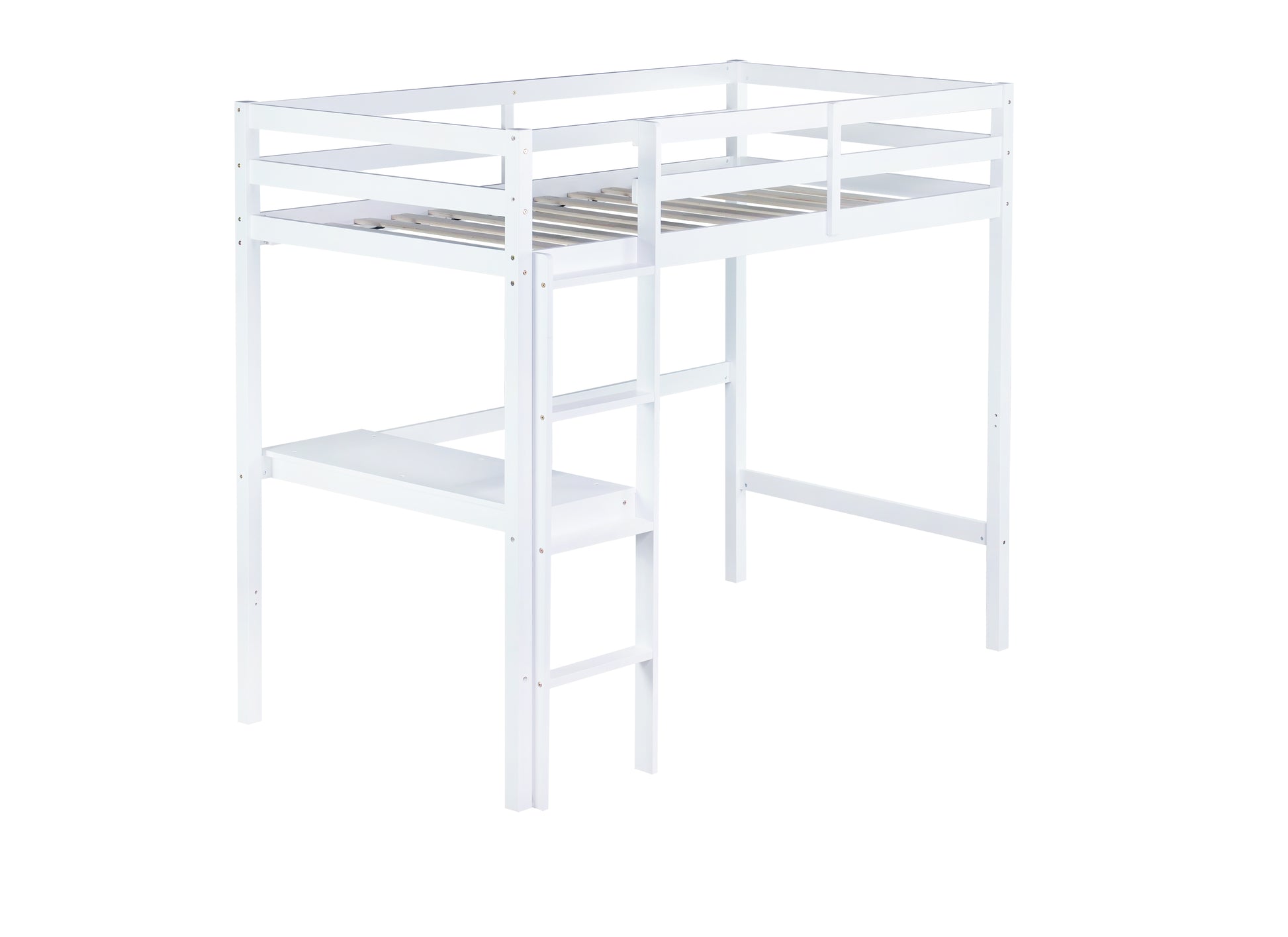 White wooden loft bed with integrated desk and ladder for childrens room