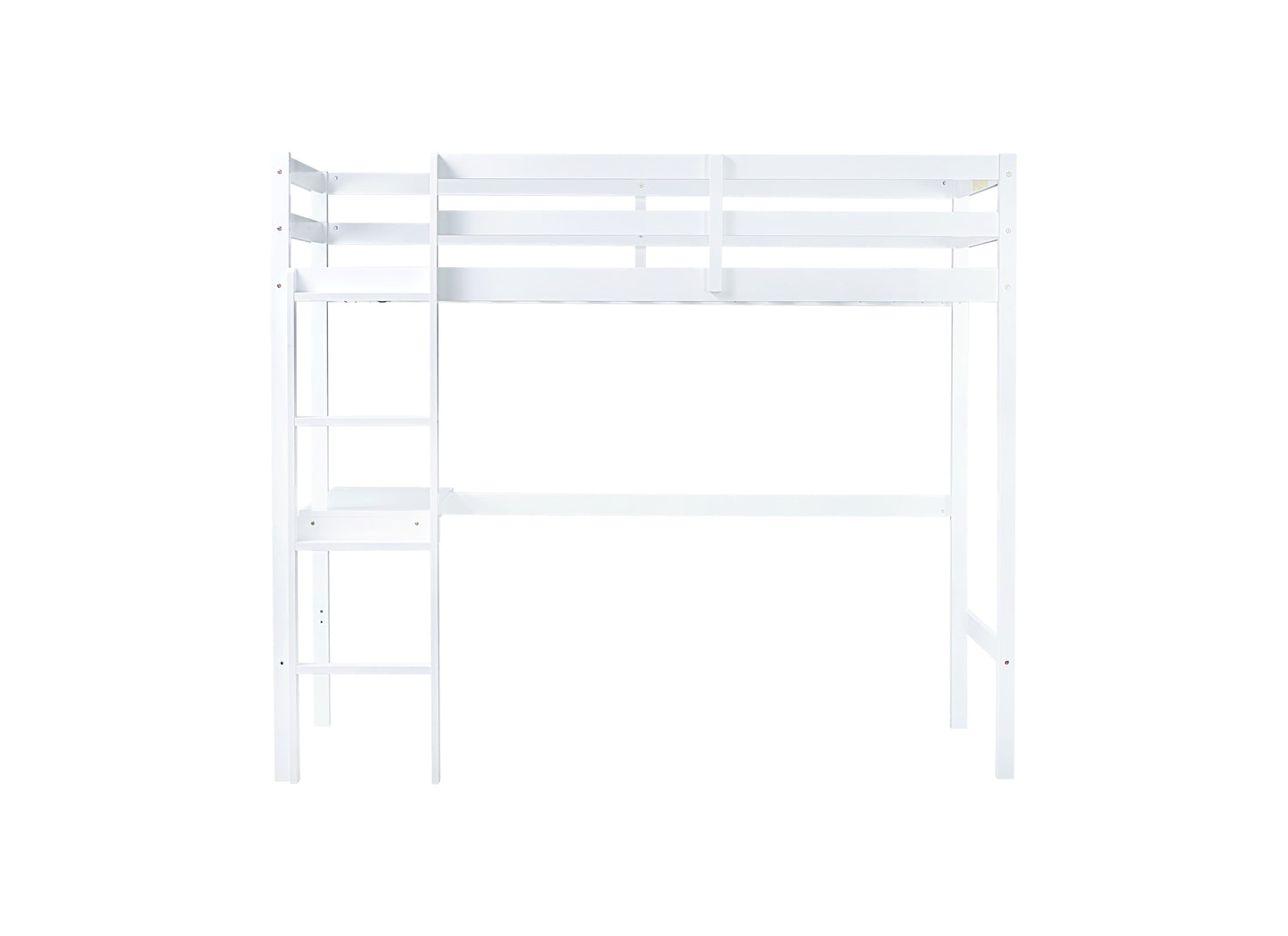 White wooden loft bed with desk and integrated ladder