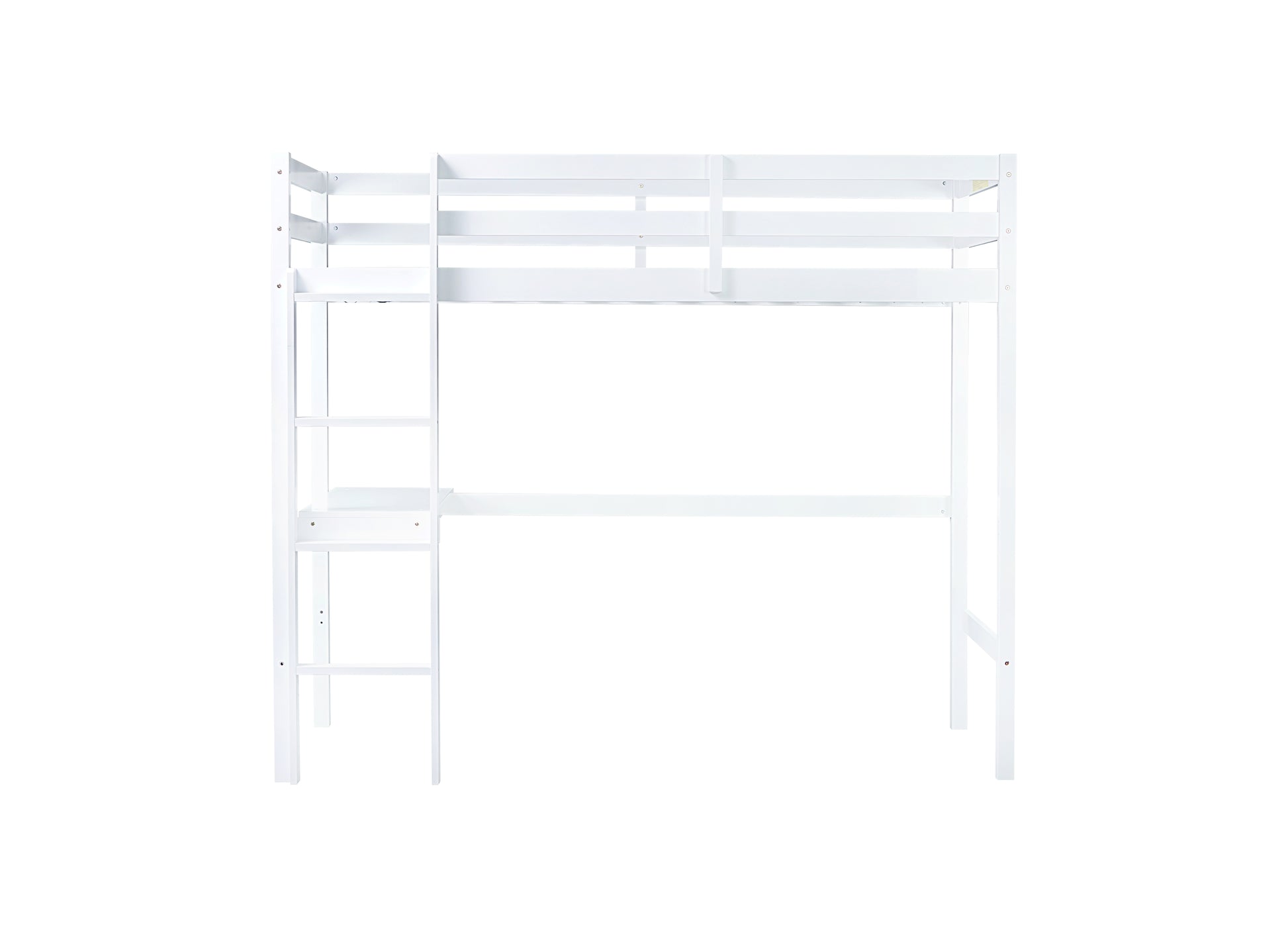 White wooden loft bed with desk and integrated ladder