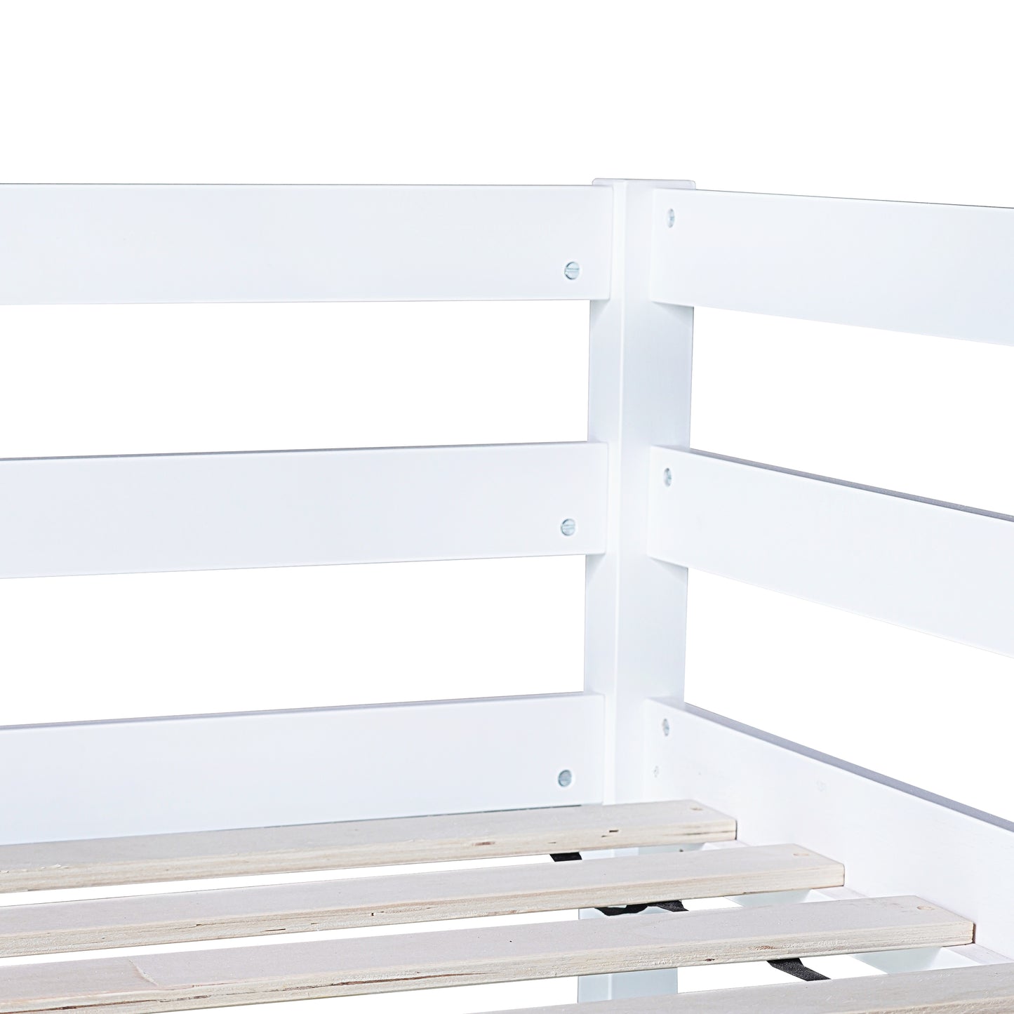 Closeup of a white wooden bunk bed frame with slatted base showing sturdy construction for childrens safety