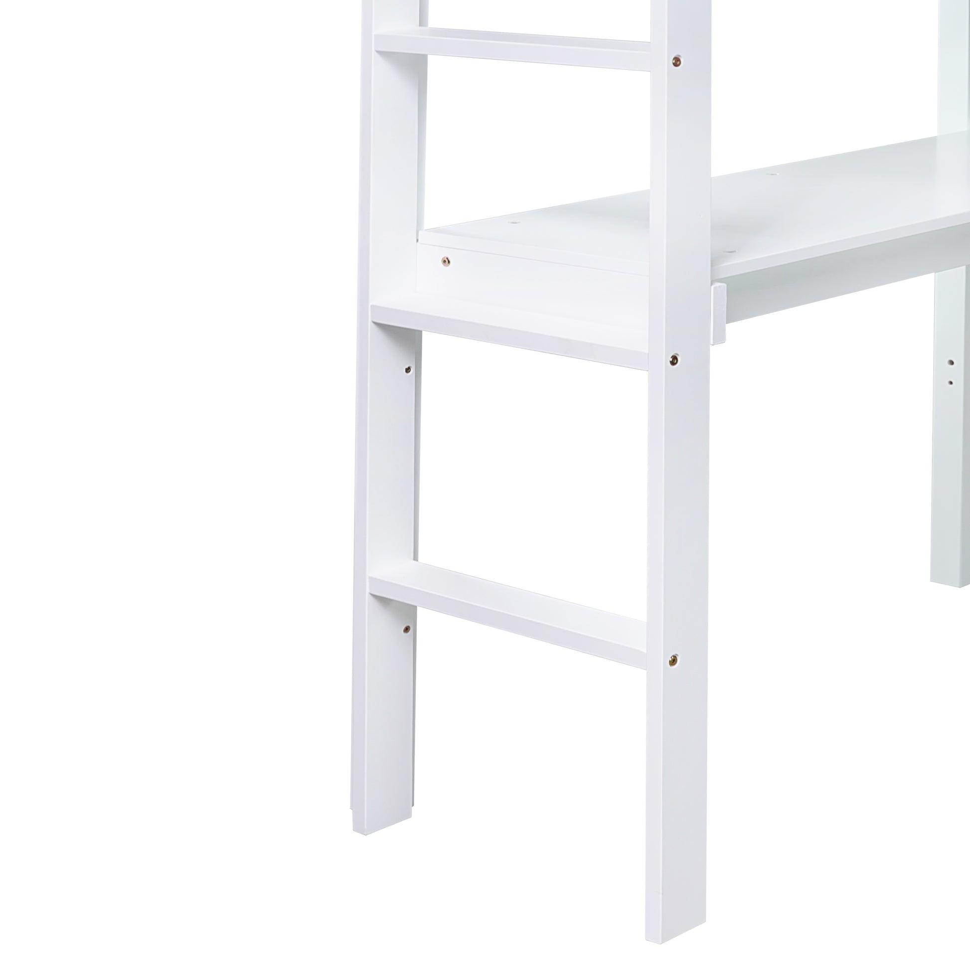 White wooden loft bed frame ladder detail