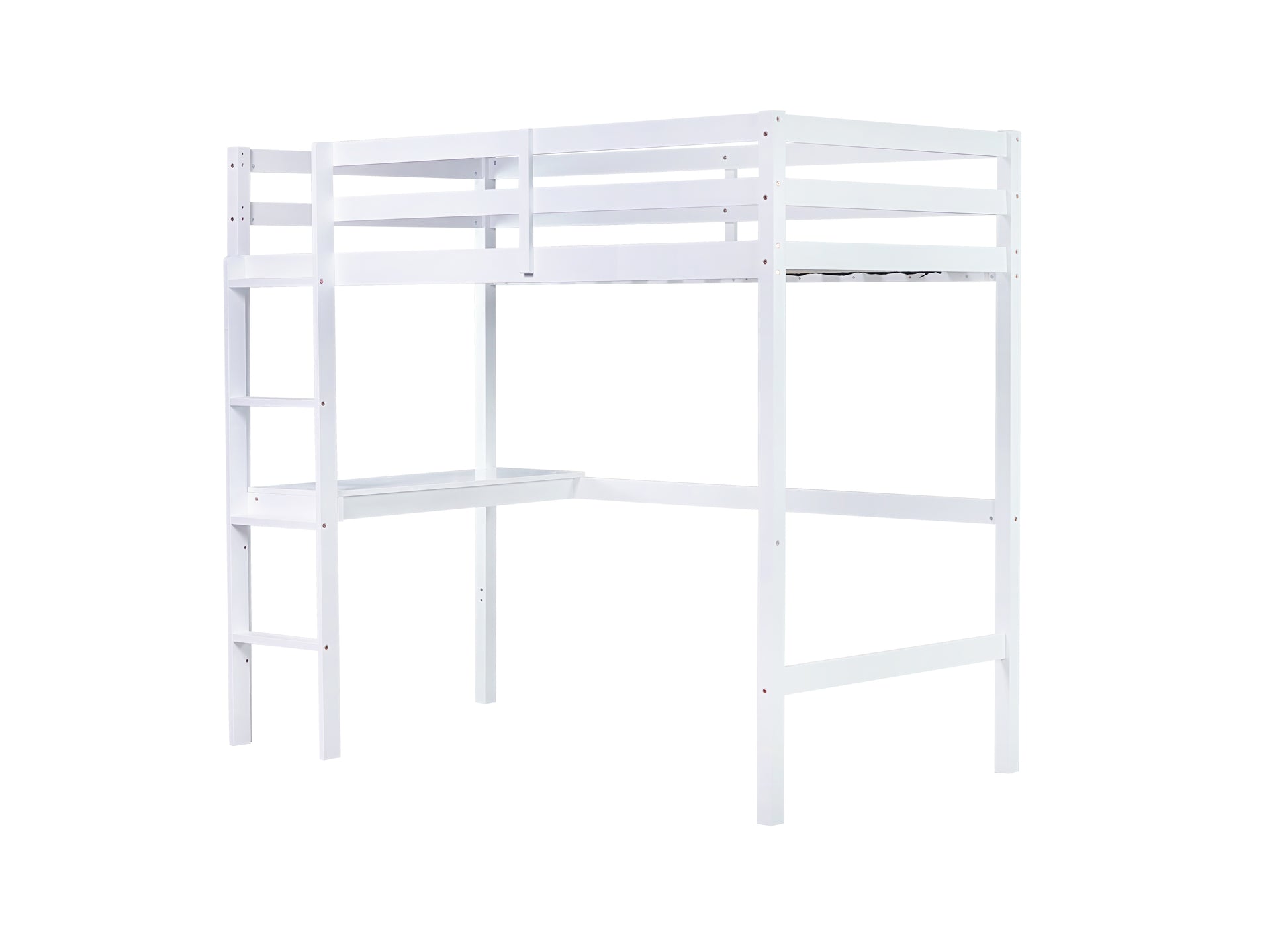 White wooden loft bed with desk and ladder