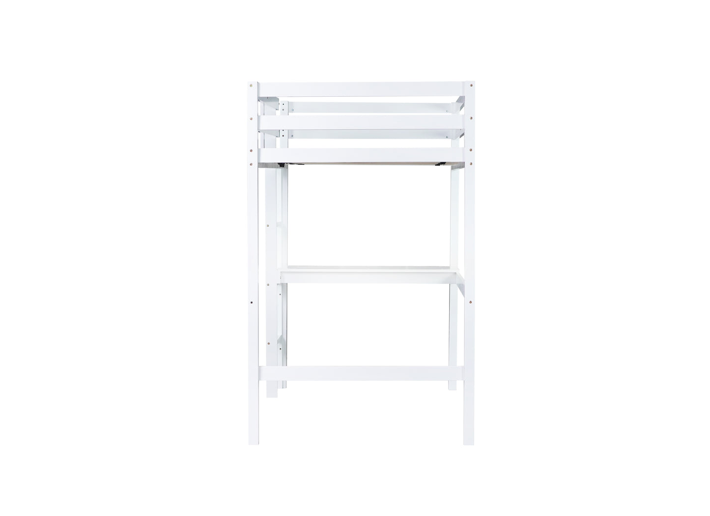 White wooden bunk bed frame with a builtin desk and shelf