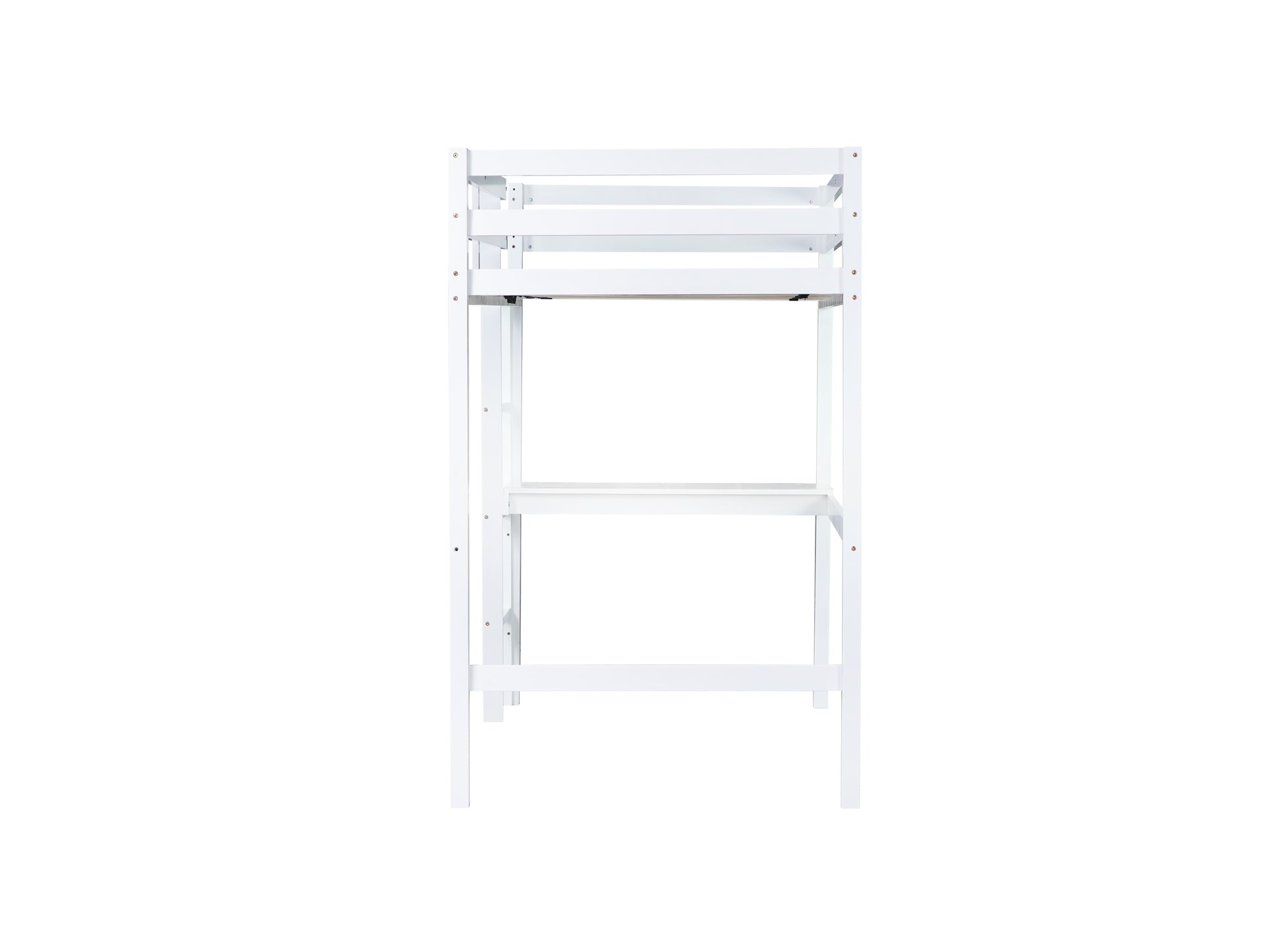 White wooden bunk bed frame with a builtin desk and shelf