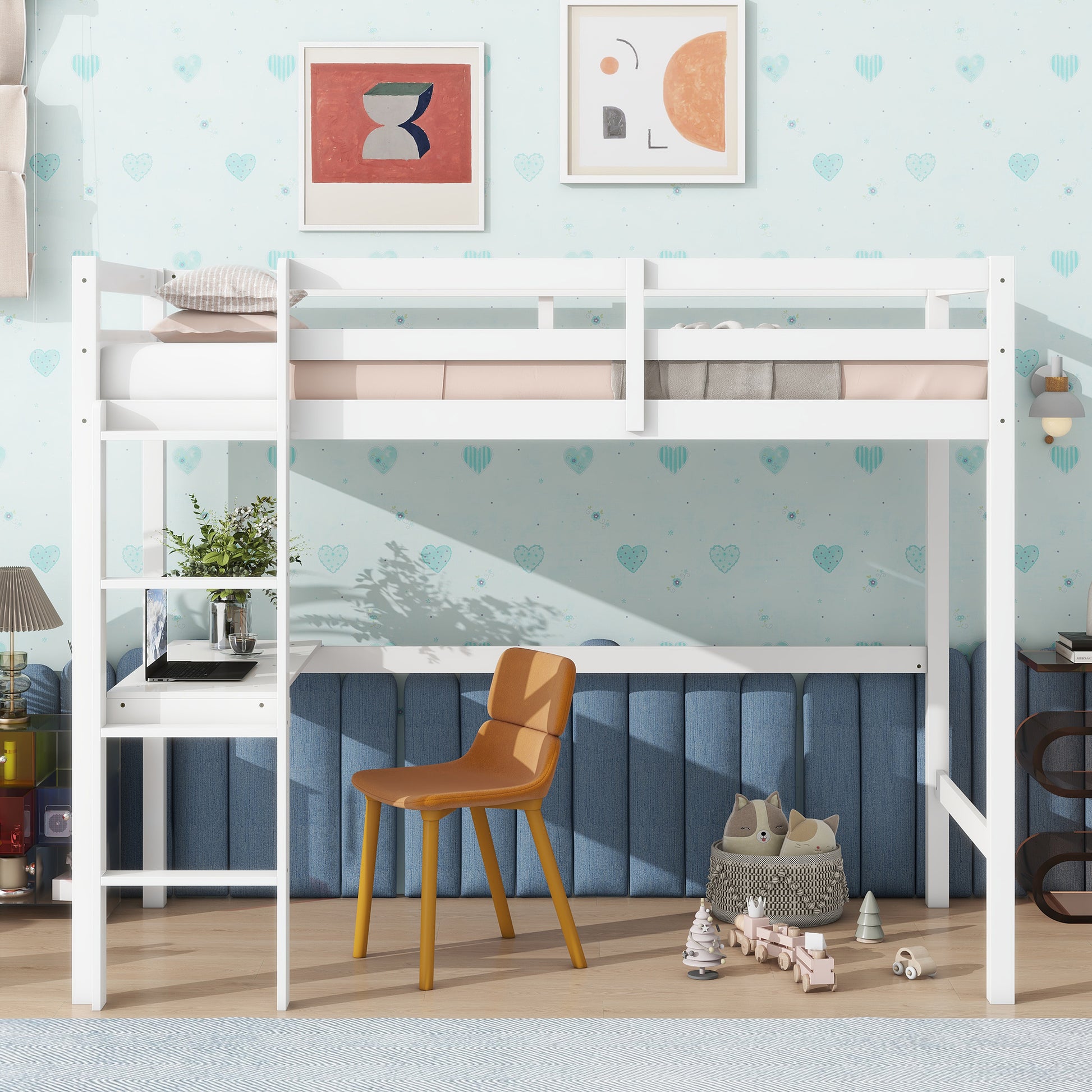 White wooden loft bed with desk and storage shelves