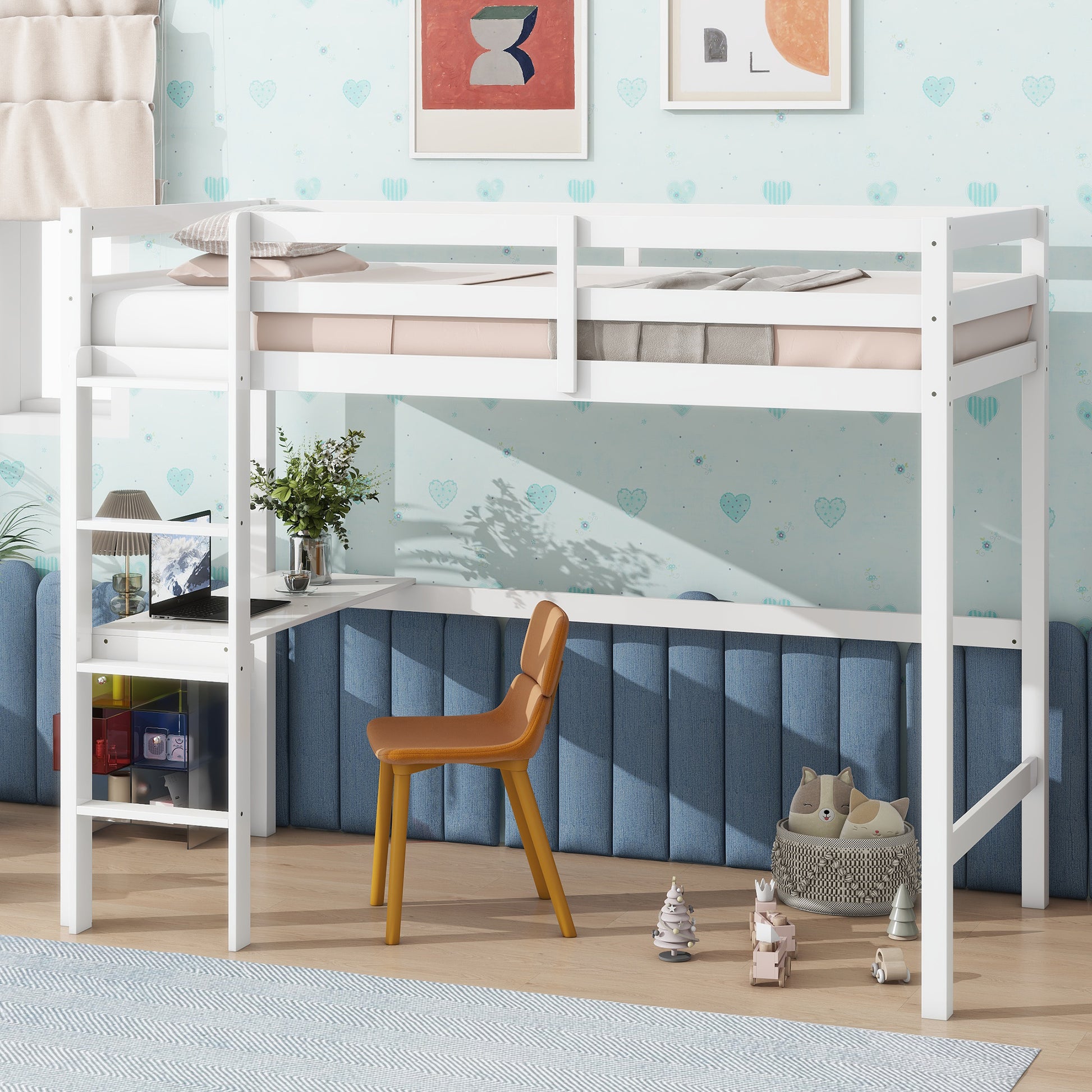 White wooden loft bed with desk and storage shelves for kids