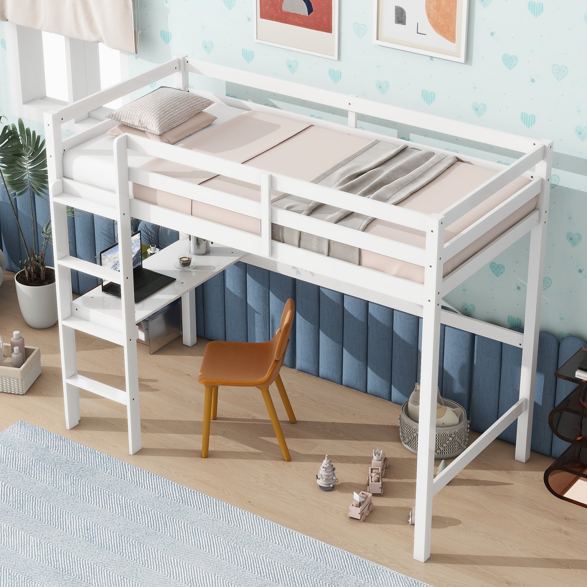 White wooden loft bed with integrated desk