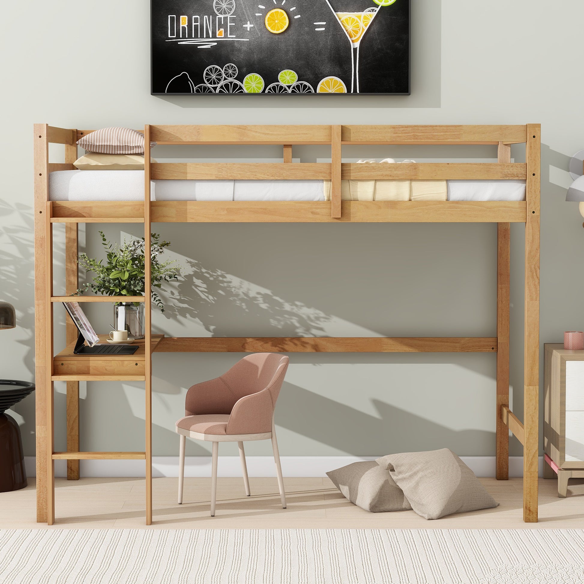 Natural wood loft bed with integrated desk and shelf