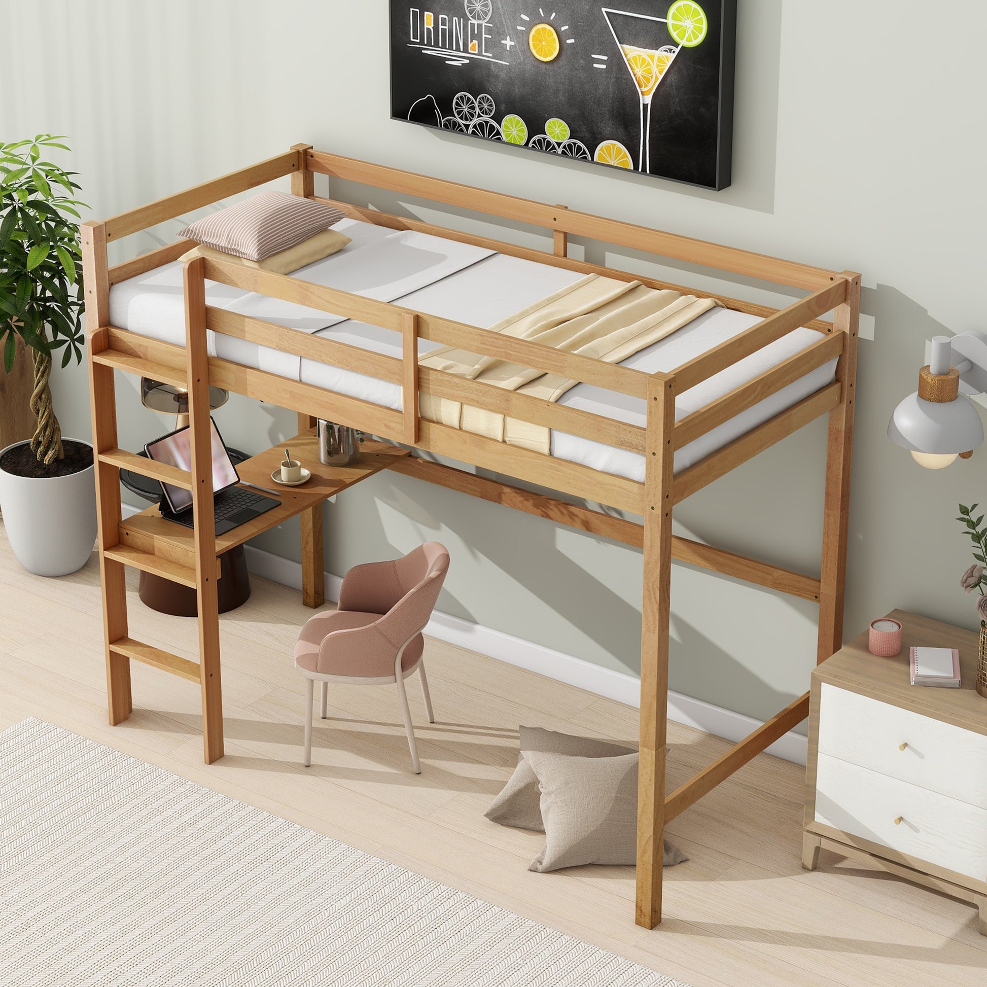 Wooden loft bed with integrated desk and ladder