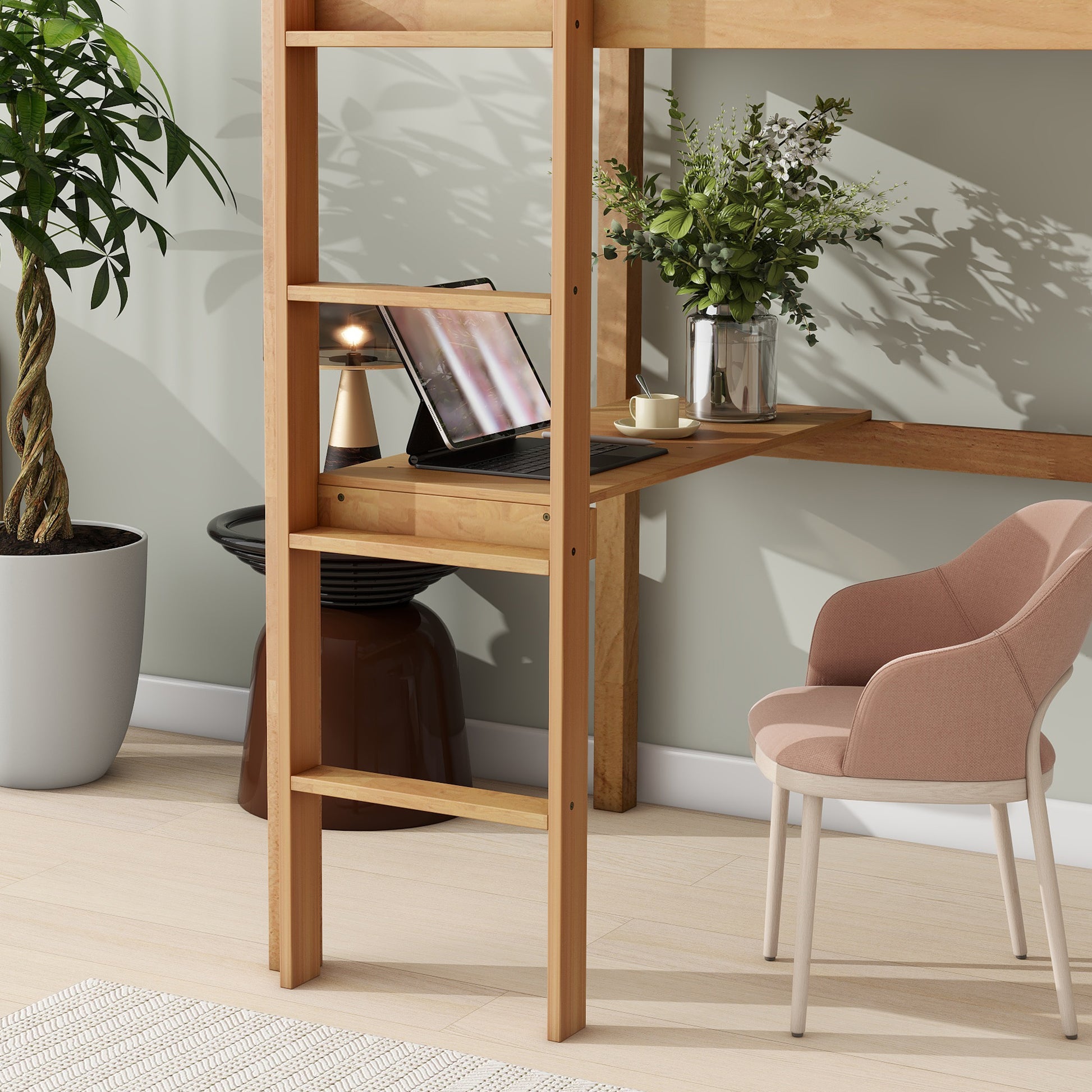 Modern wood loft bed desk with integrated laptop and tablet