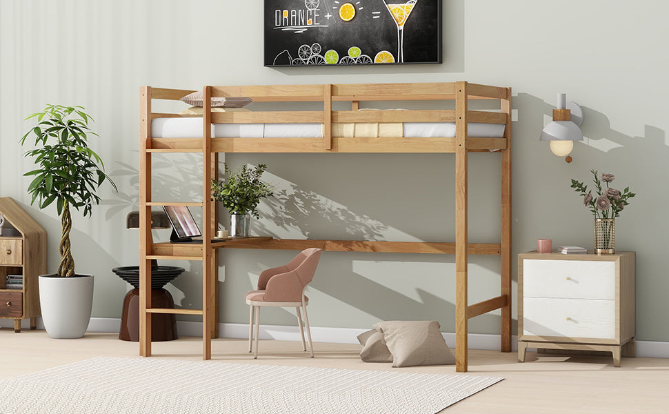 Natural wood loft bed with integrated desk and ladder