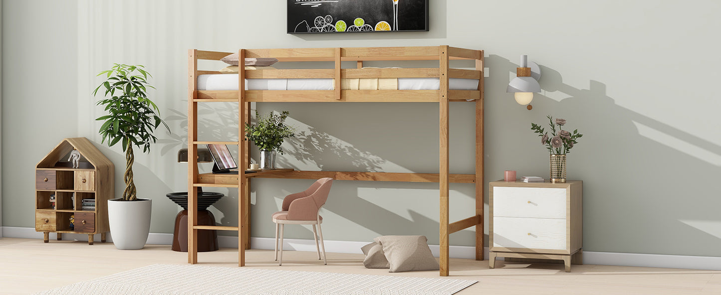 Natural wood loft bed with integrated desk and shelving perfect for small spaces
