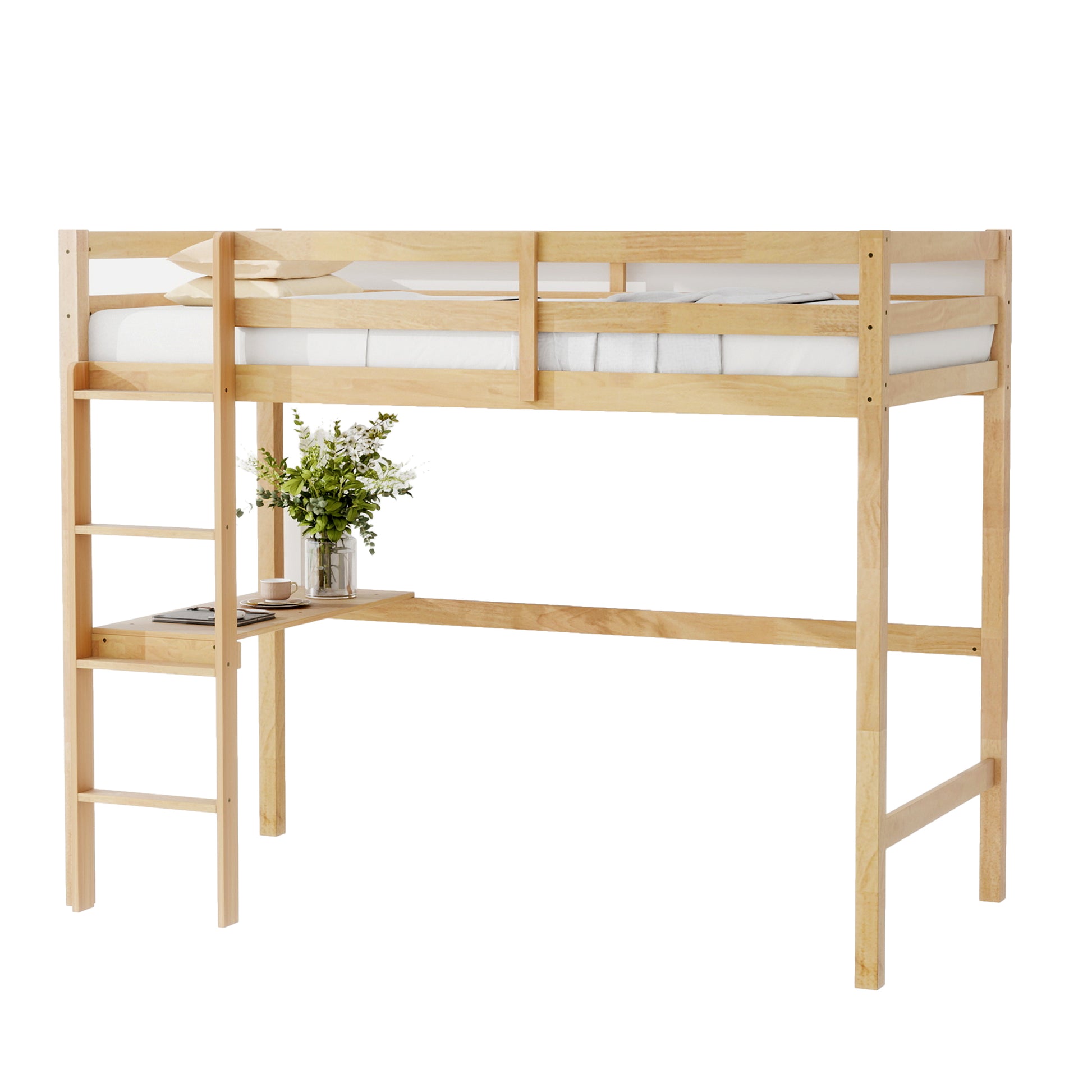 Natural wood loft bed with desk and ladder