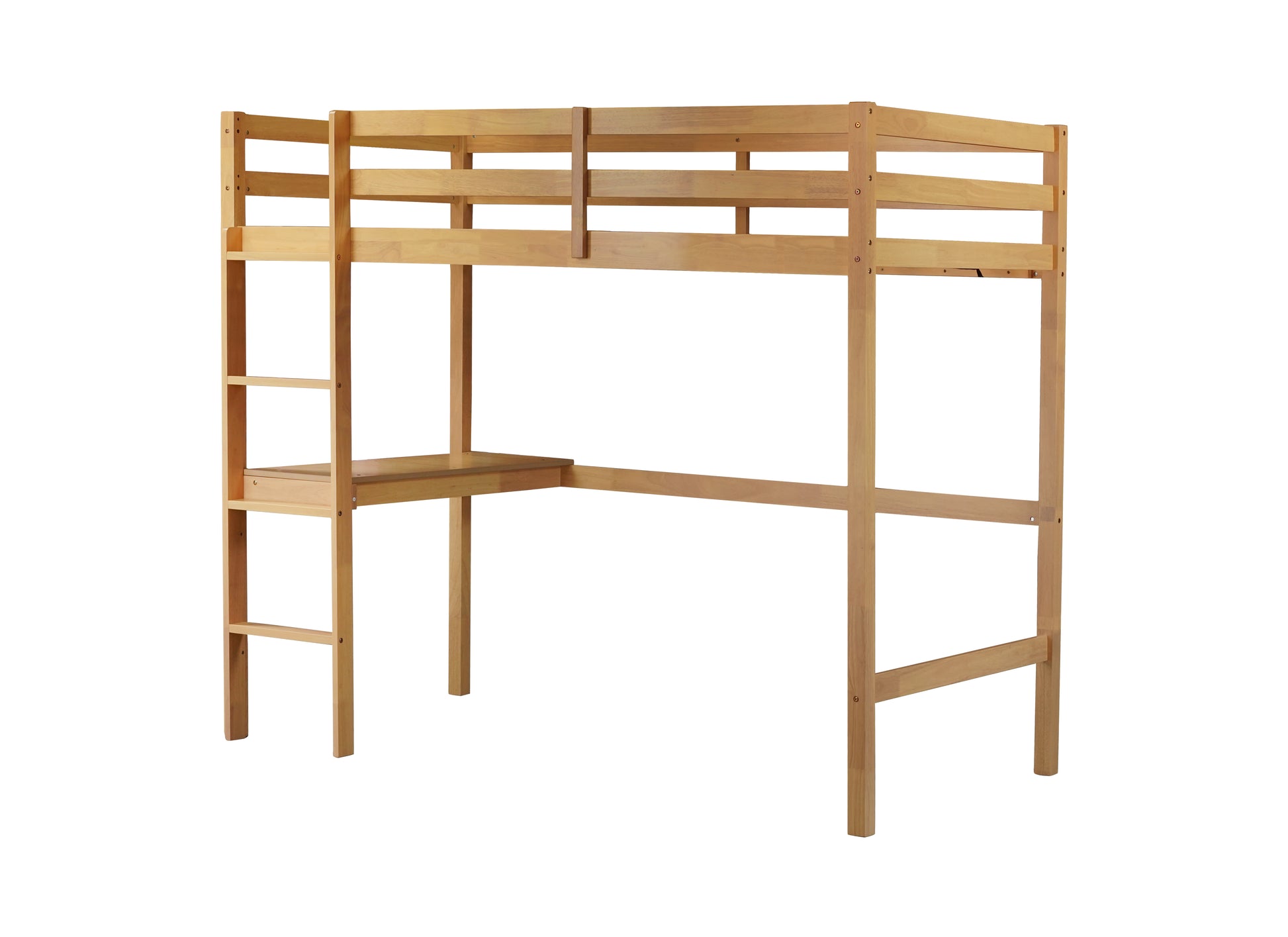 Natural wood loft bed with integrated desk and ladder