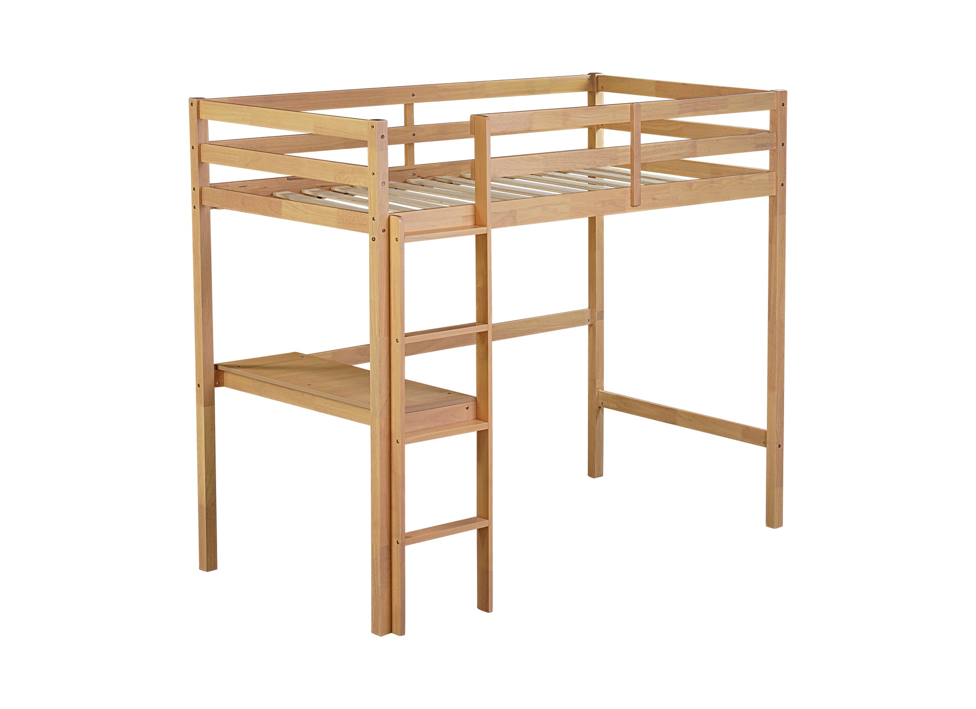 Natural wood loft bed with integrated desk and ladder