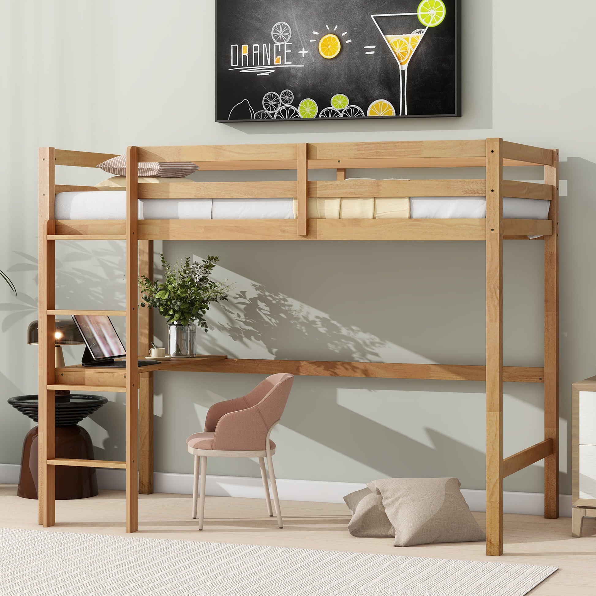 Natural wood loft bed with integrated desk and ladder for childrens room