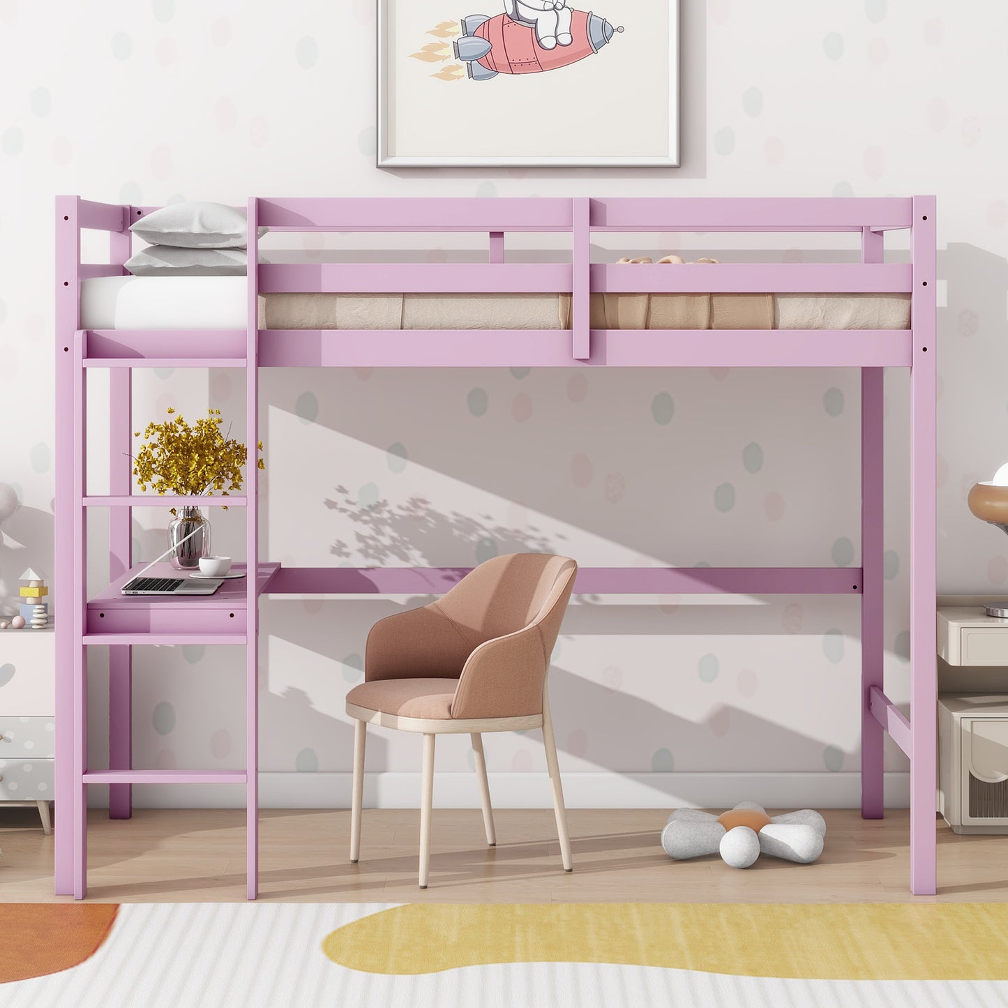 Lilac wood loft bed with integrated desk and ladder for kids rooms