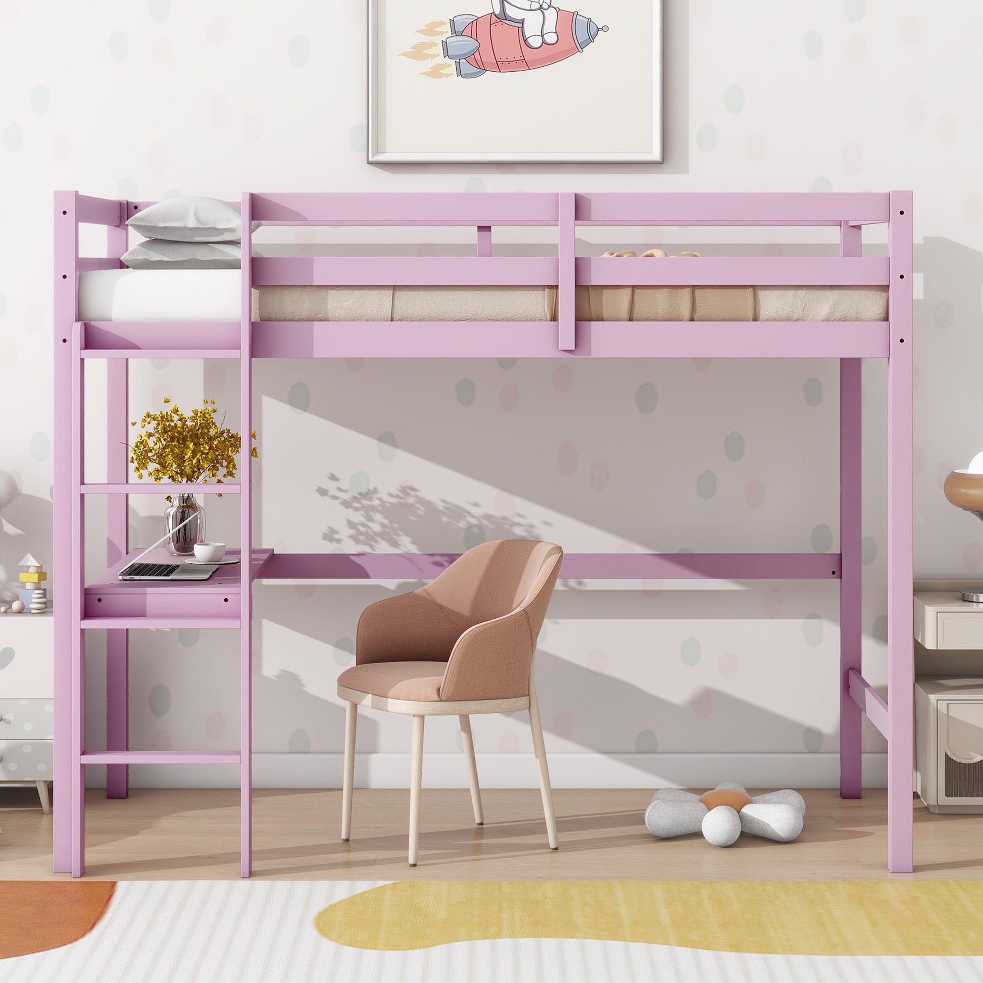 Lilac wood loft bed with integrated desk and ladder for kids rooms
