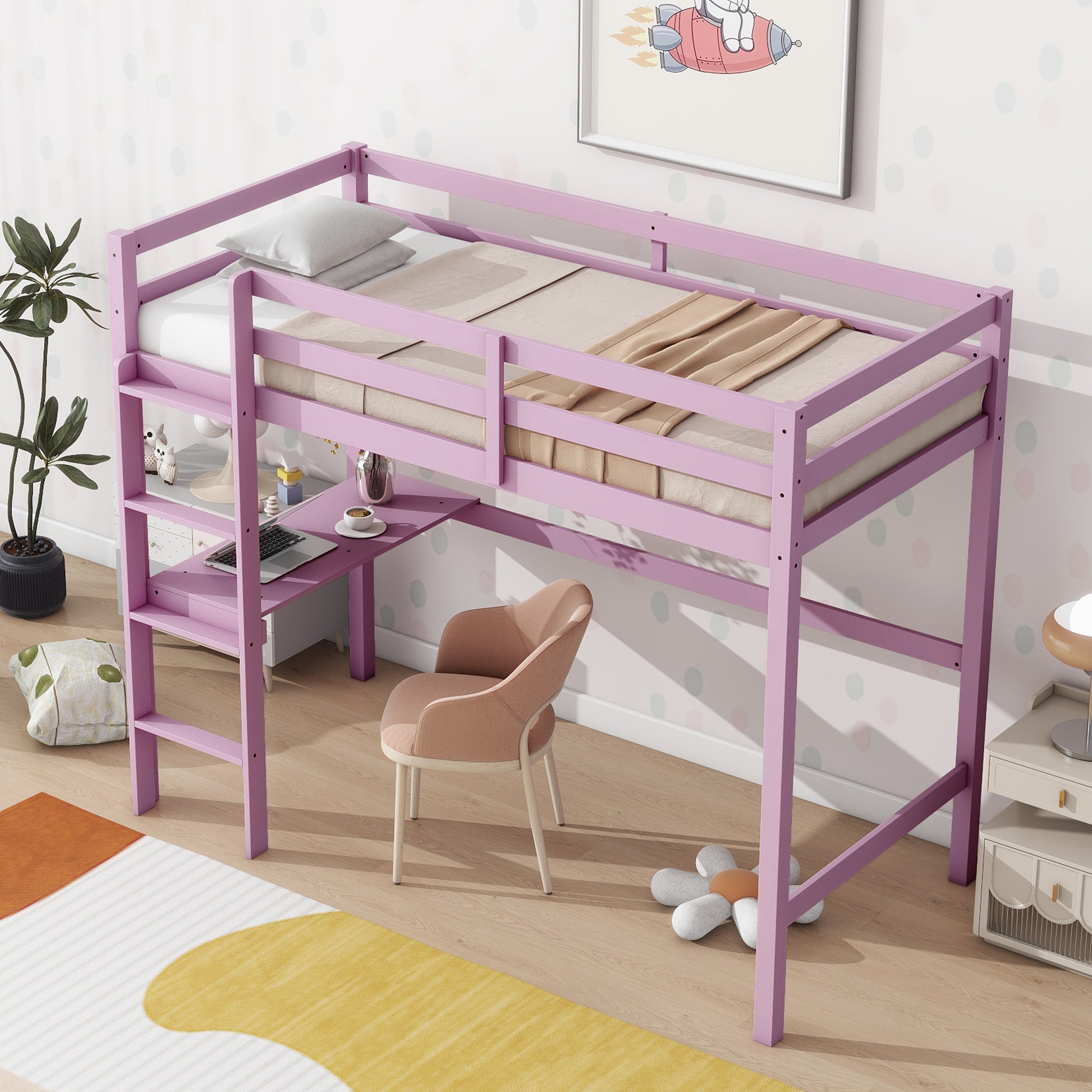Purple loft bed with integrated desk and ladder for kids bedroom