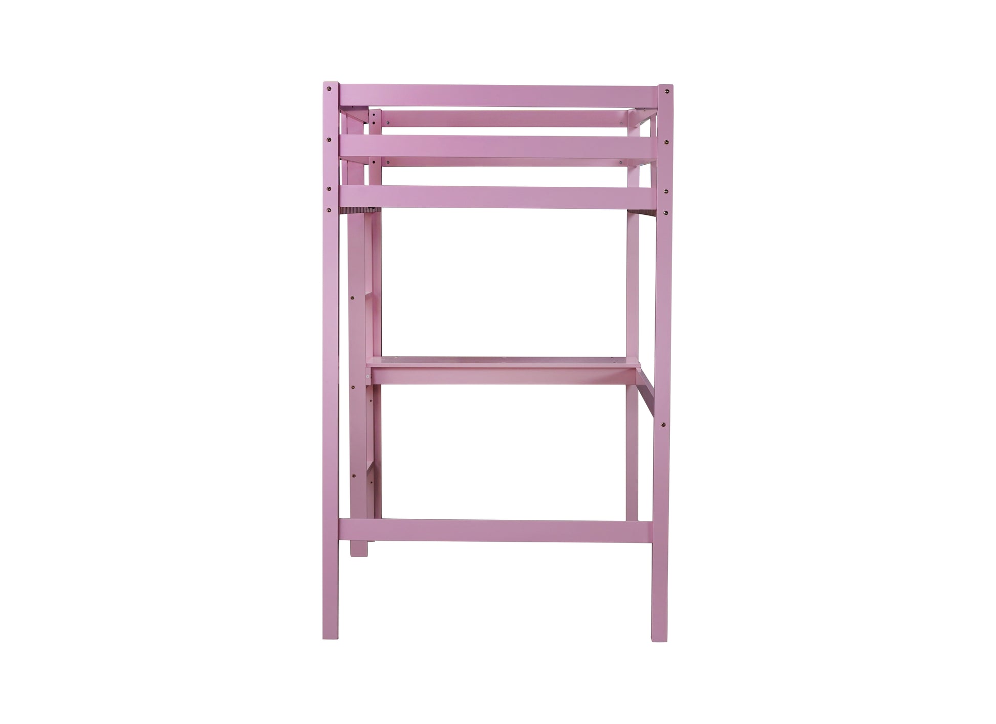 Pink wooden loft bed frame with two shelves for a childs room