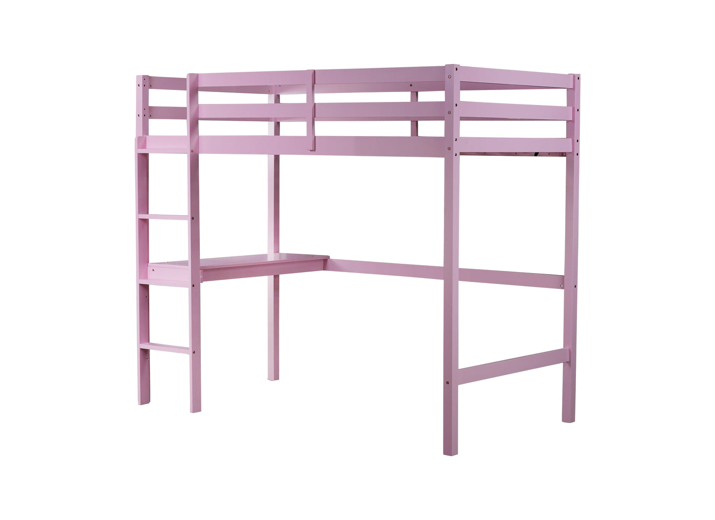 Pink wooden loft bed with integrated desk and ladder