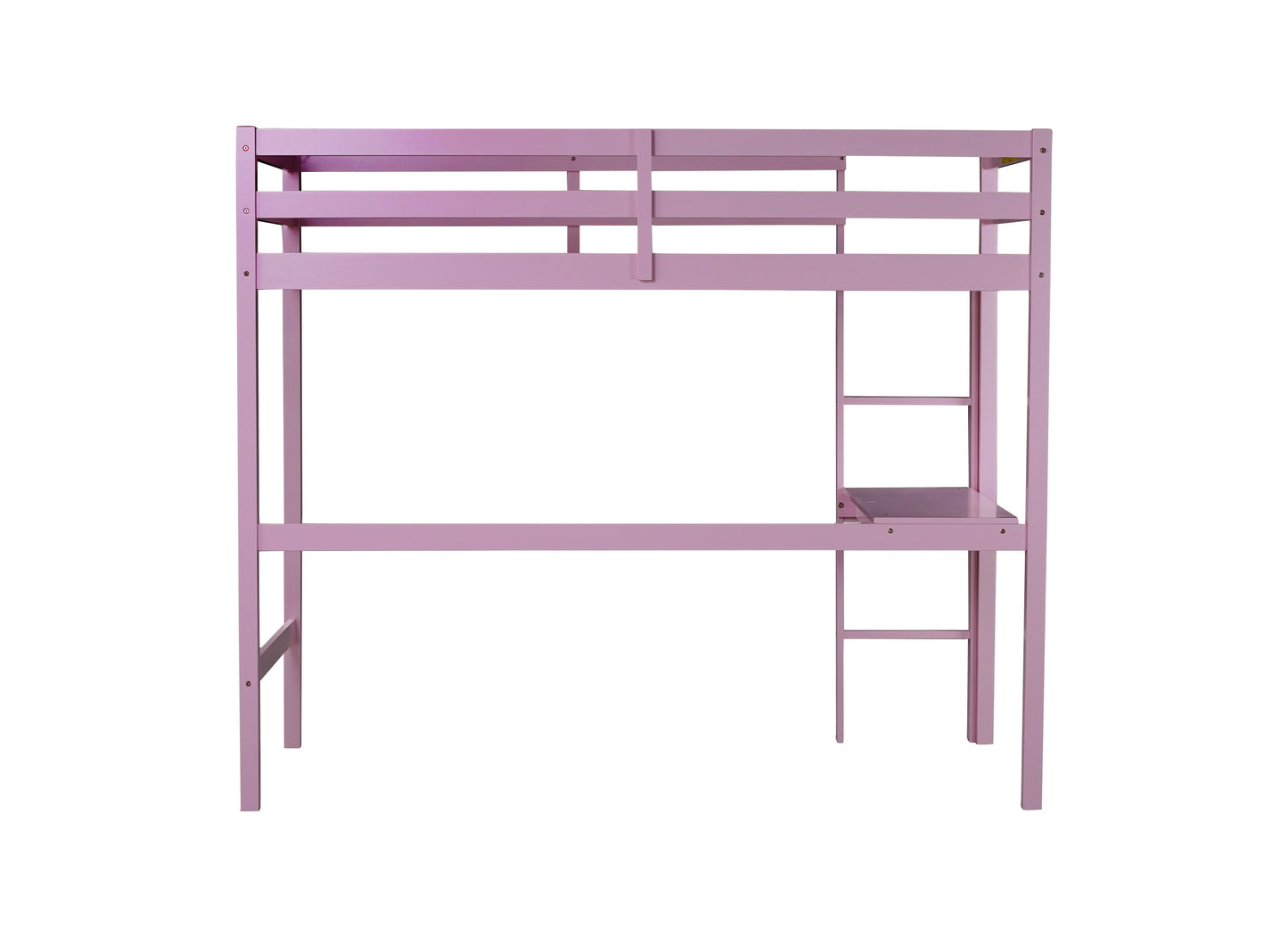 Pink metal bunk bed with integrated desk and ladder