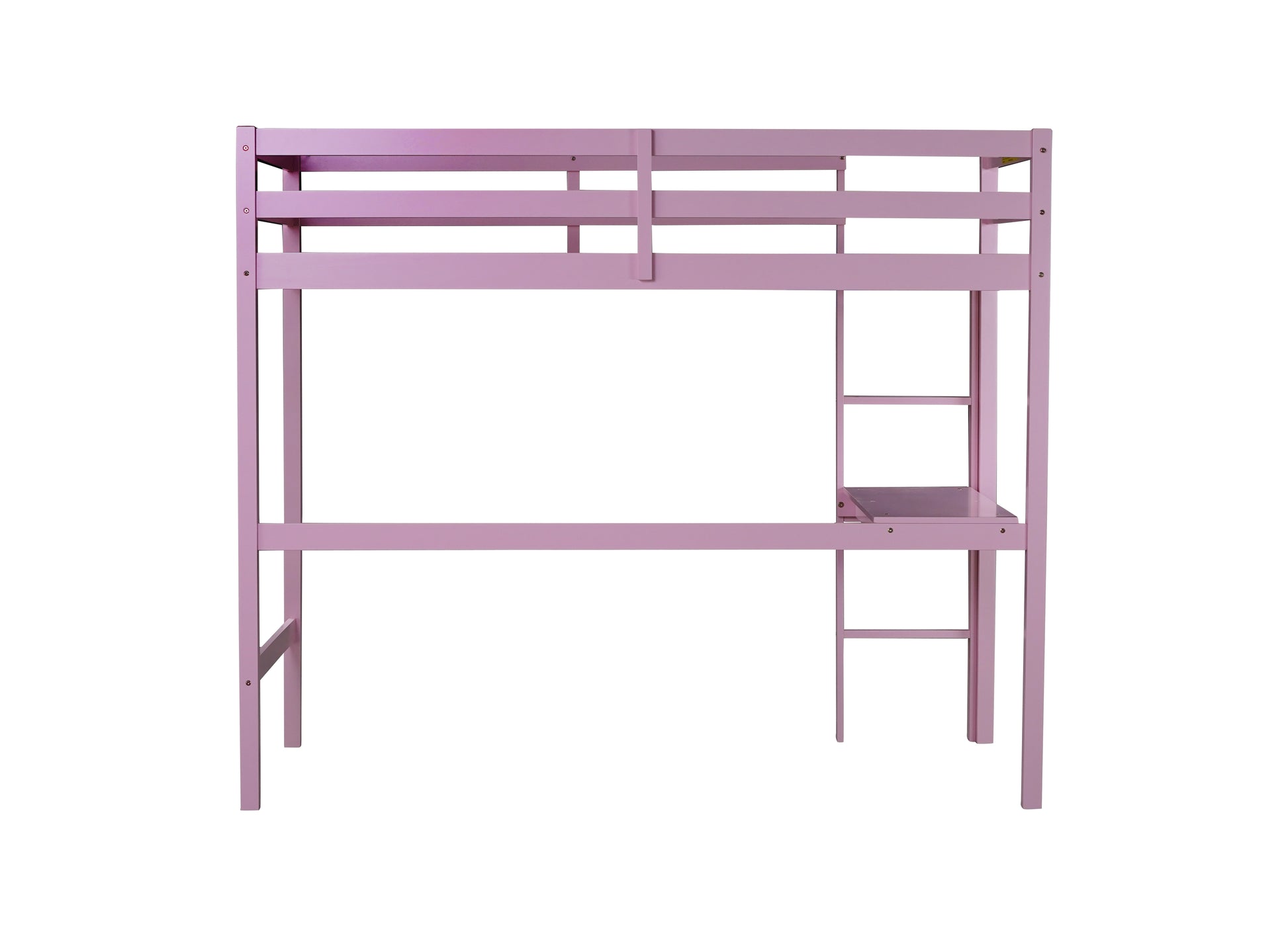 Pink metal bunk bed with integrated desk and ladder