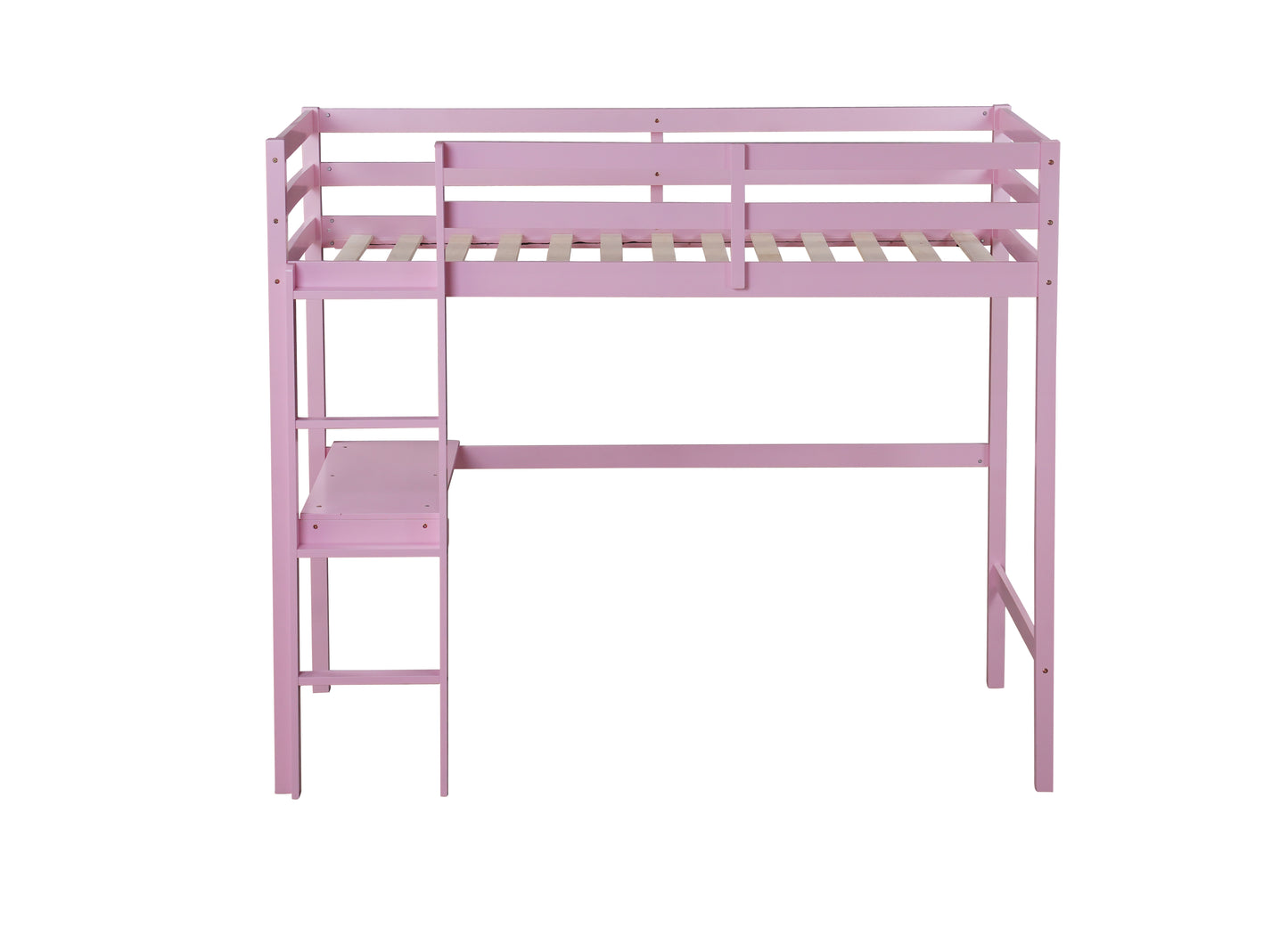 Pink wooden loft bed with desk and ladder