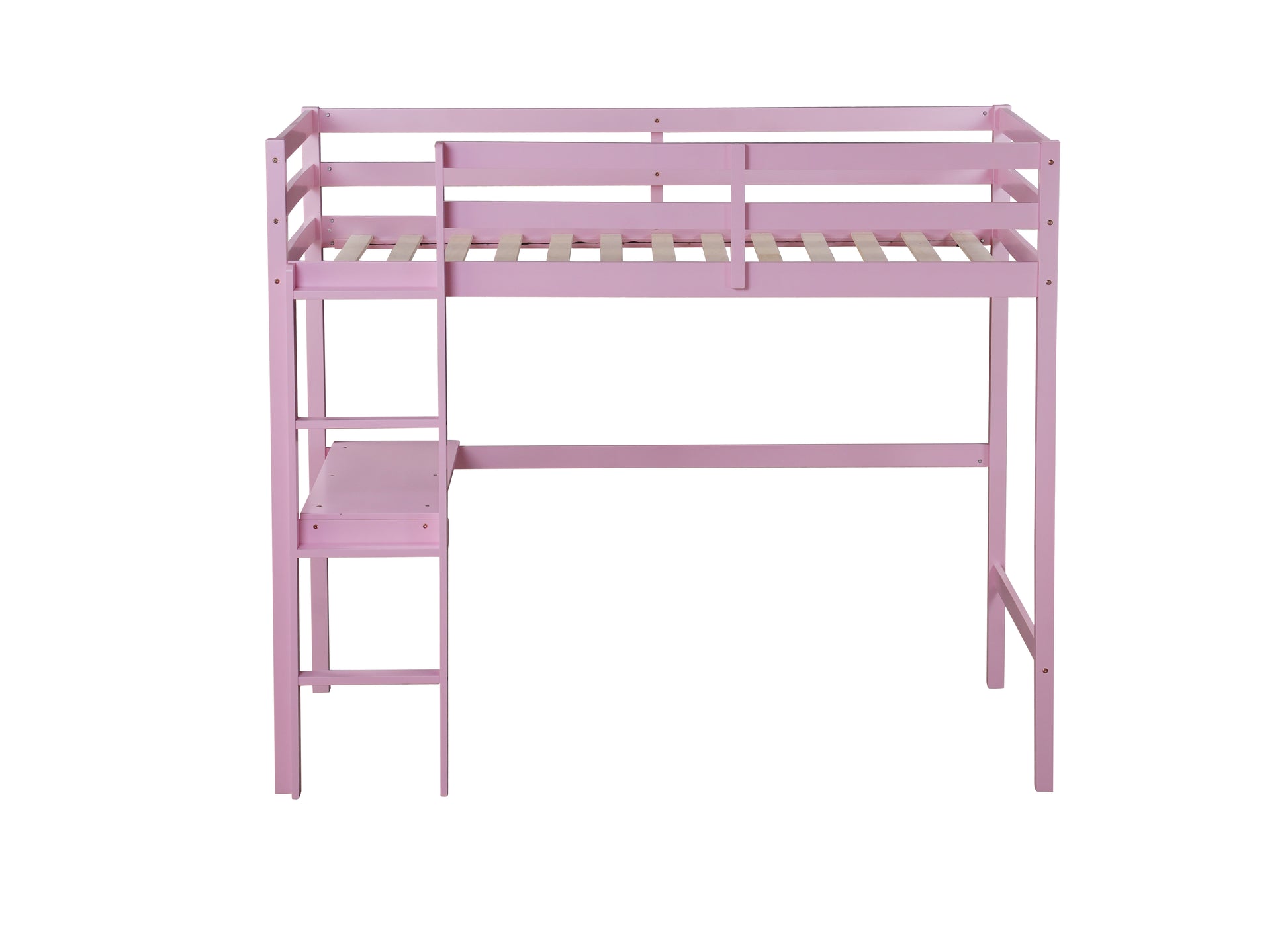 Pink wooden loft bed with desk and ladder