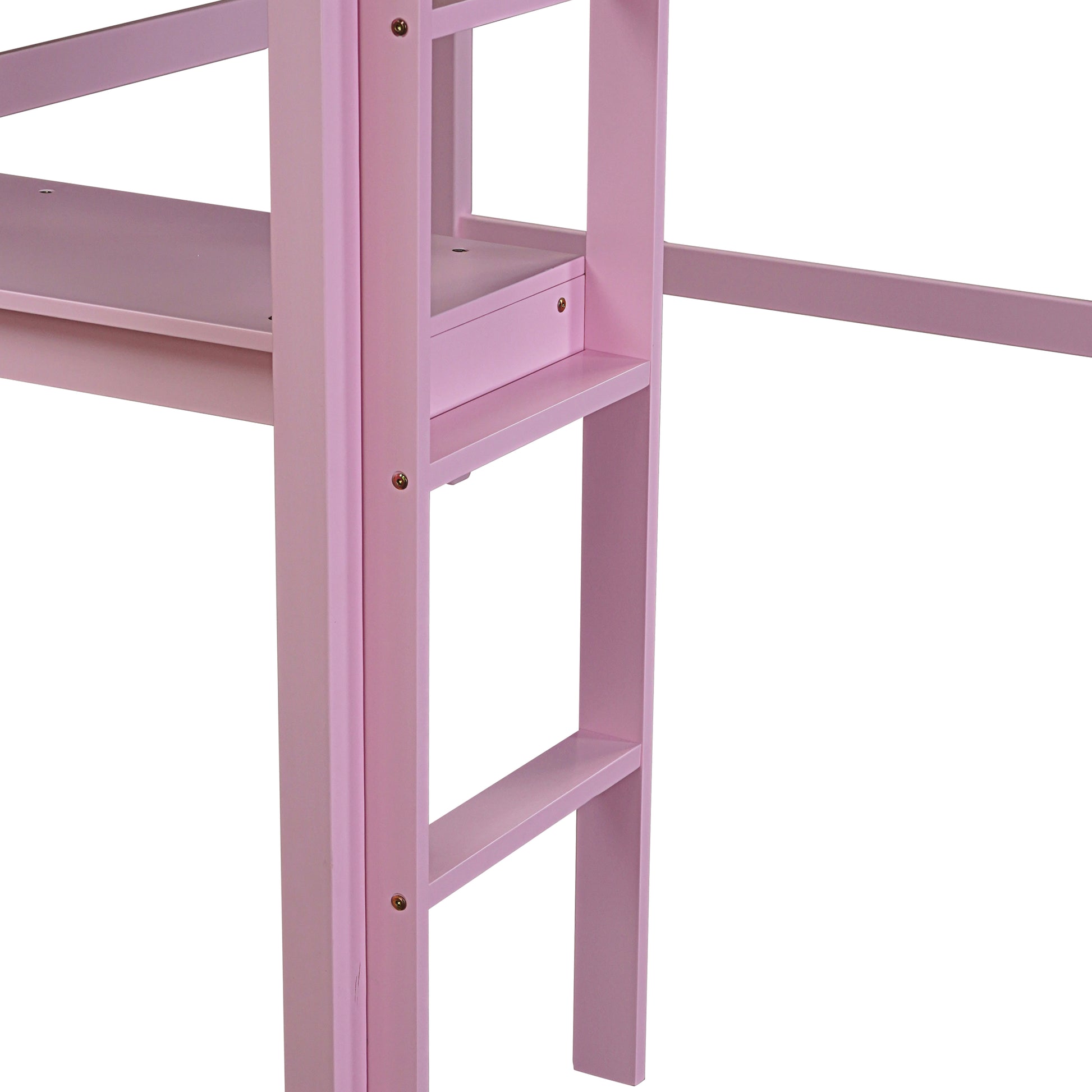 Closeup of pink wooden loft bed frame ladder and shelf detail