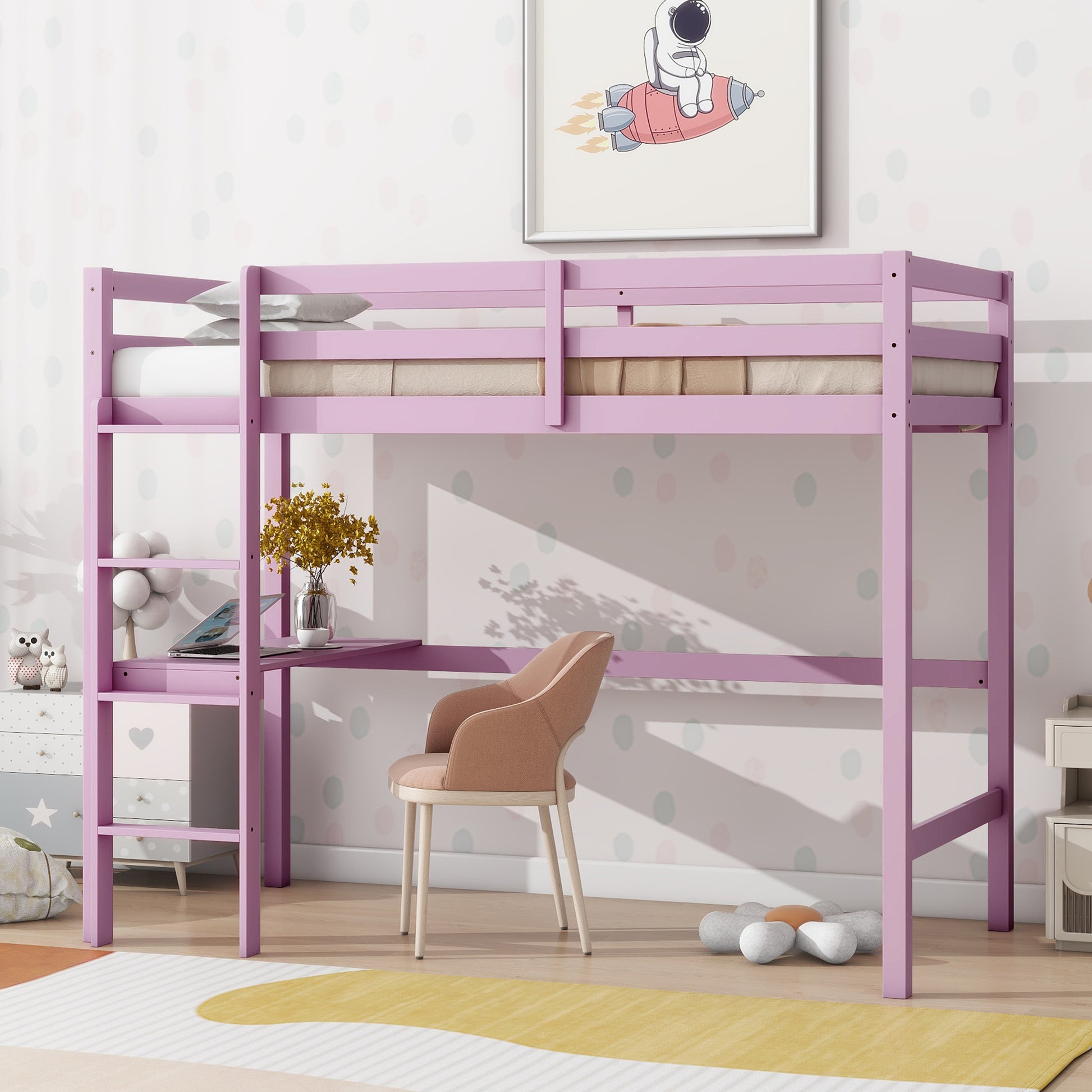 Lavender twin loft bed with integrated desk and shelving